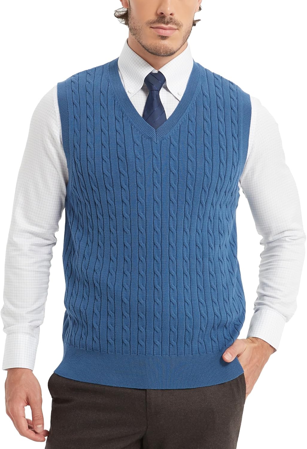 Kallspin Men’s Cable Knit Sweater Vest Pure Cotton V-Neck Sleeveless Knitted Pullover for Fall Winter
