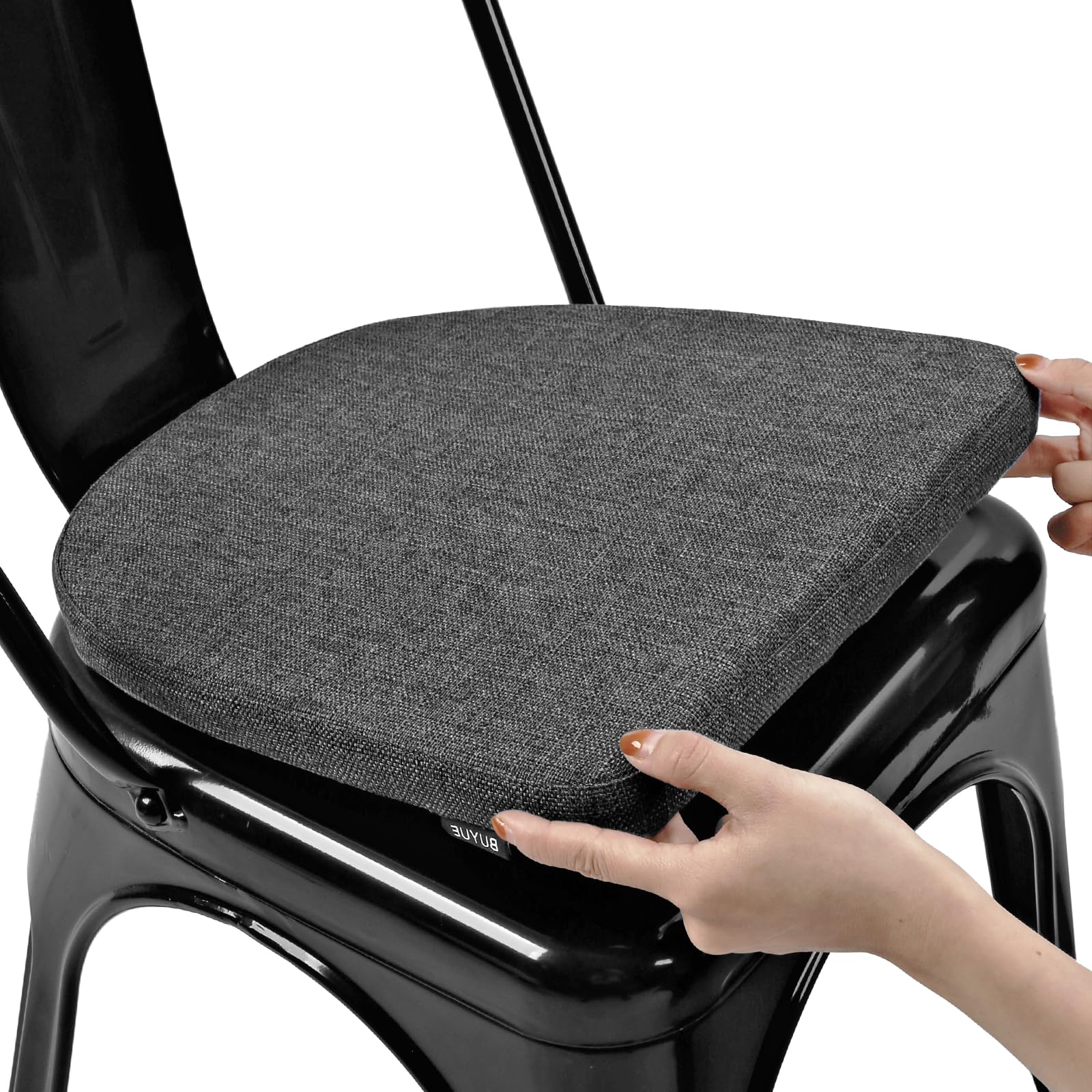 BUYUE Friendly Woven Fabric 14x14 Magnetic Cushion for Metal Chair 1 Piece, Enhanced Anti-Slip Seat Pad for Dining Kitchen Café Stackable Chair (U-Shape, Dark Gray, 1 Count)