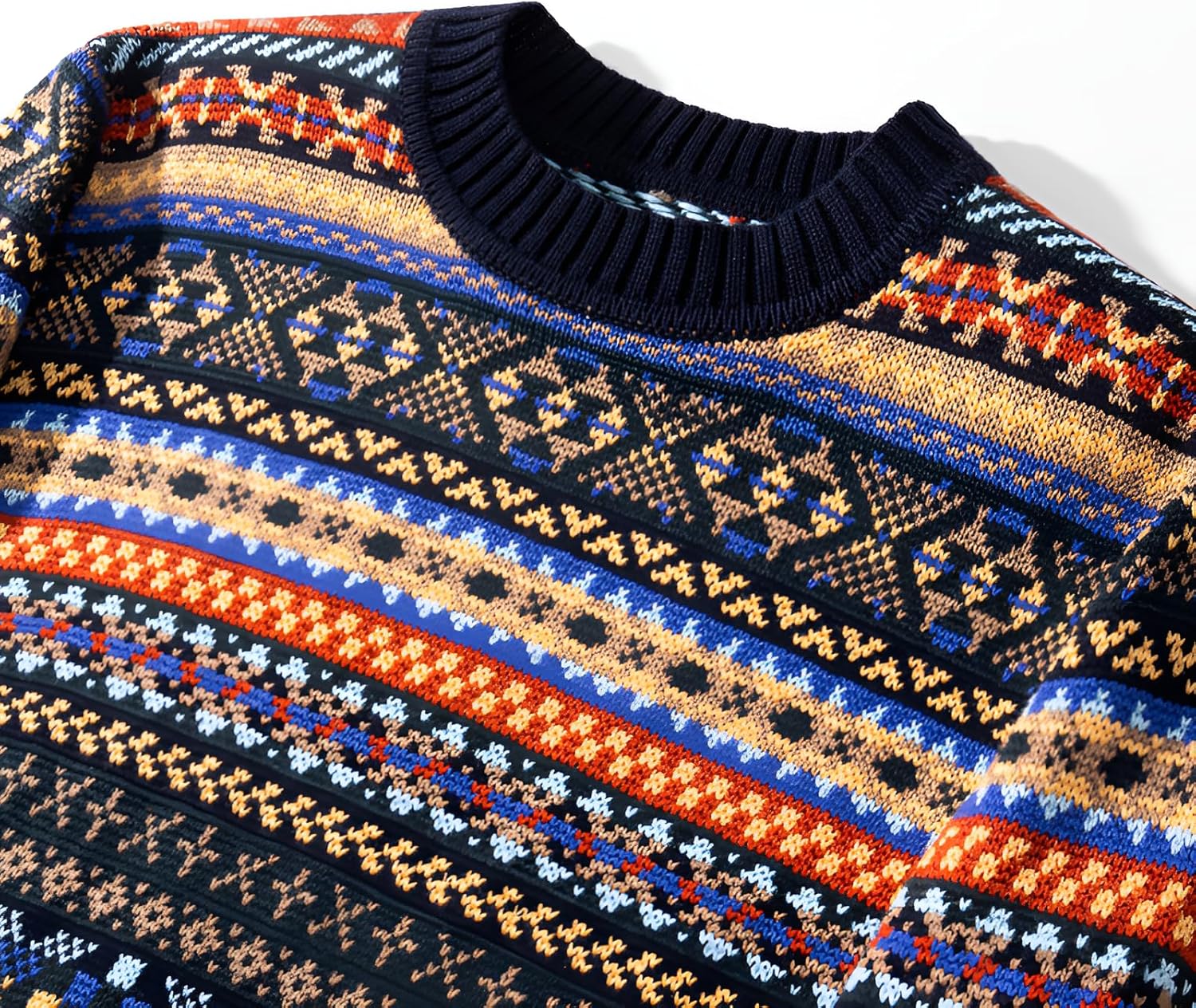 [Weweia] ウールブレンド フェアアイル柄 メンズセーター ヴィンテージ風 厚手ニット 丸首プルオーバー 冬の 洗濯耐久性◎