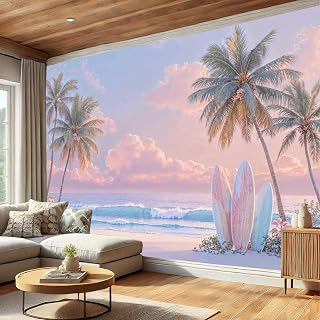 Papel Pintado Pared 3D Papel Tapiz 350x256cm Olas Palmeras Tablas De Surf Fotomurales TV Fondo Pared Dormitorio Murales Papels Tapiz Paisaje Costero Romántico, Rosa