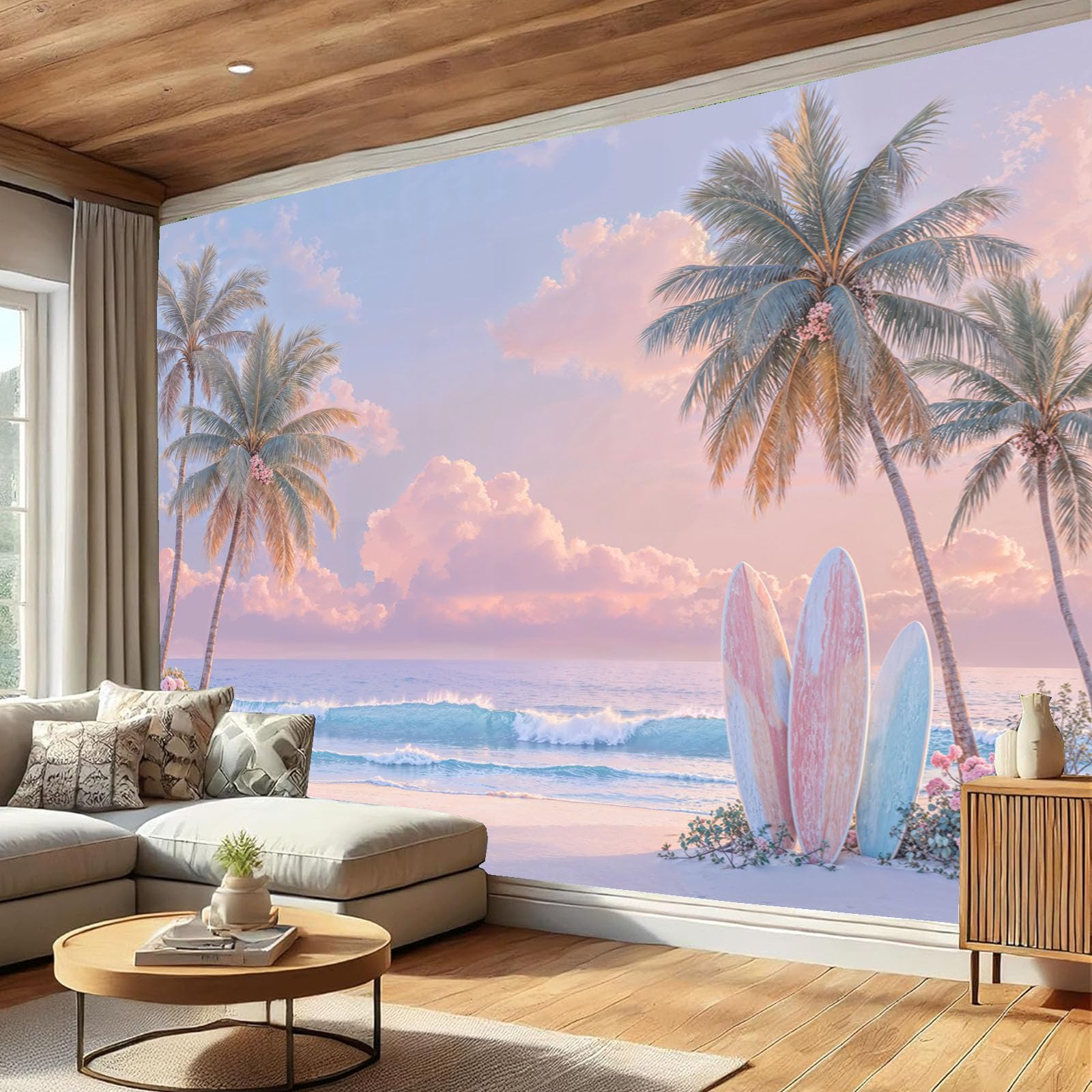 Papier Peint Panoramique Vagues pour Salon et Chambre | Ambiance Surf Rose