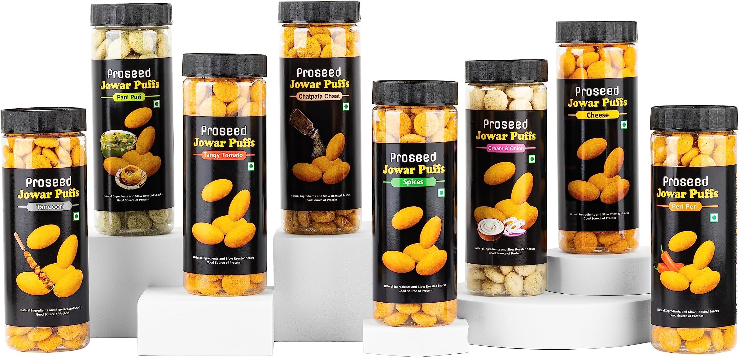 Proseed Jowar Puffs (Assorted Pack) | 50g x 8 Packs (Total 400g) | Slow Roasted & 100% Veg | No Refined Flour, Sugar & Trans-Fat | Gluten Free | No Palm Oil | Healthy Travel Friendly Millet Snacks
