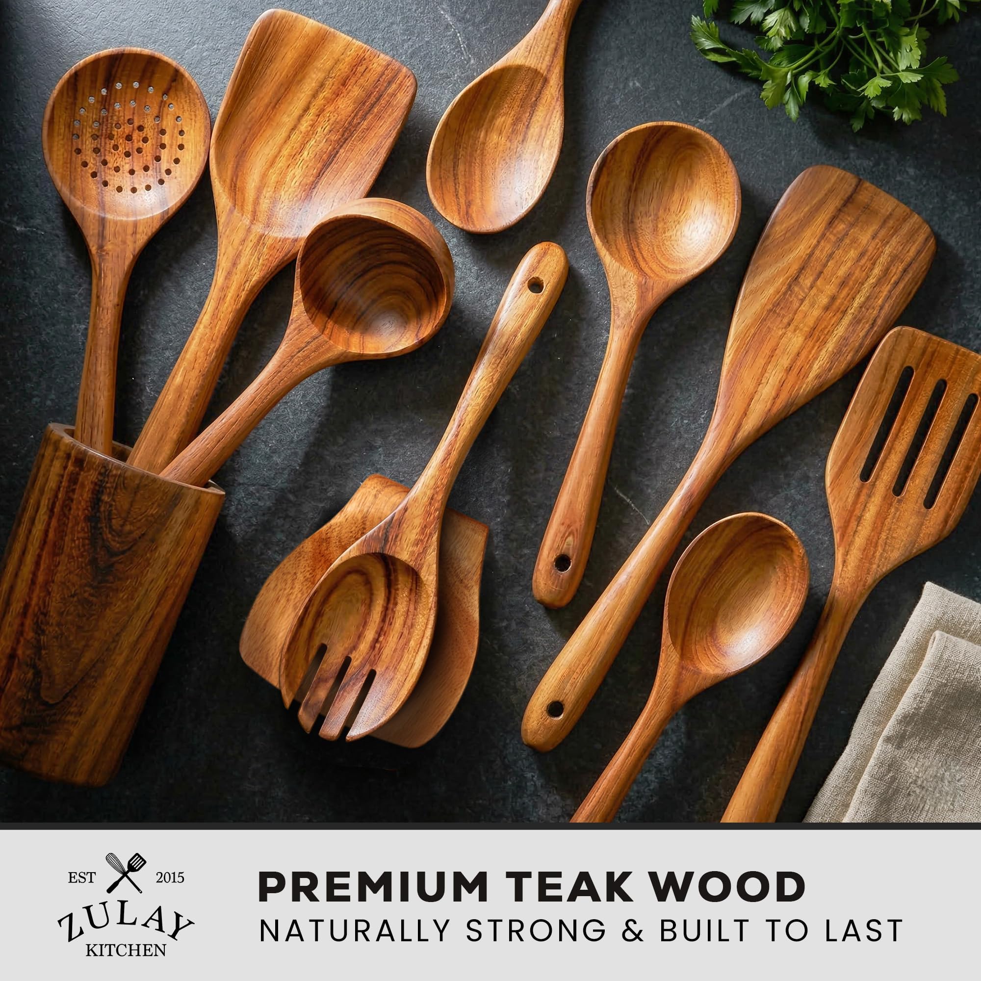 Zulay Kitchen 10 cucchiai in legno per cucinare, con finitura liscia, utensili in legno di teak per cucinare, morbidi e confortevoli, utensili da cucina in legno antiaderenti, set di cucchiai in legno