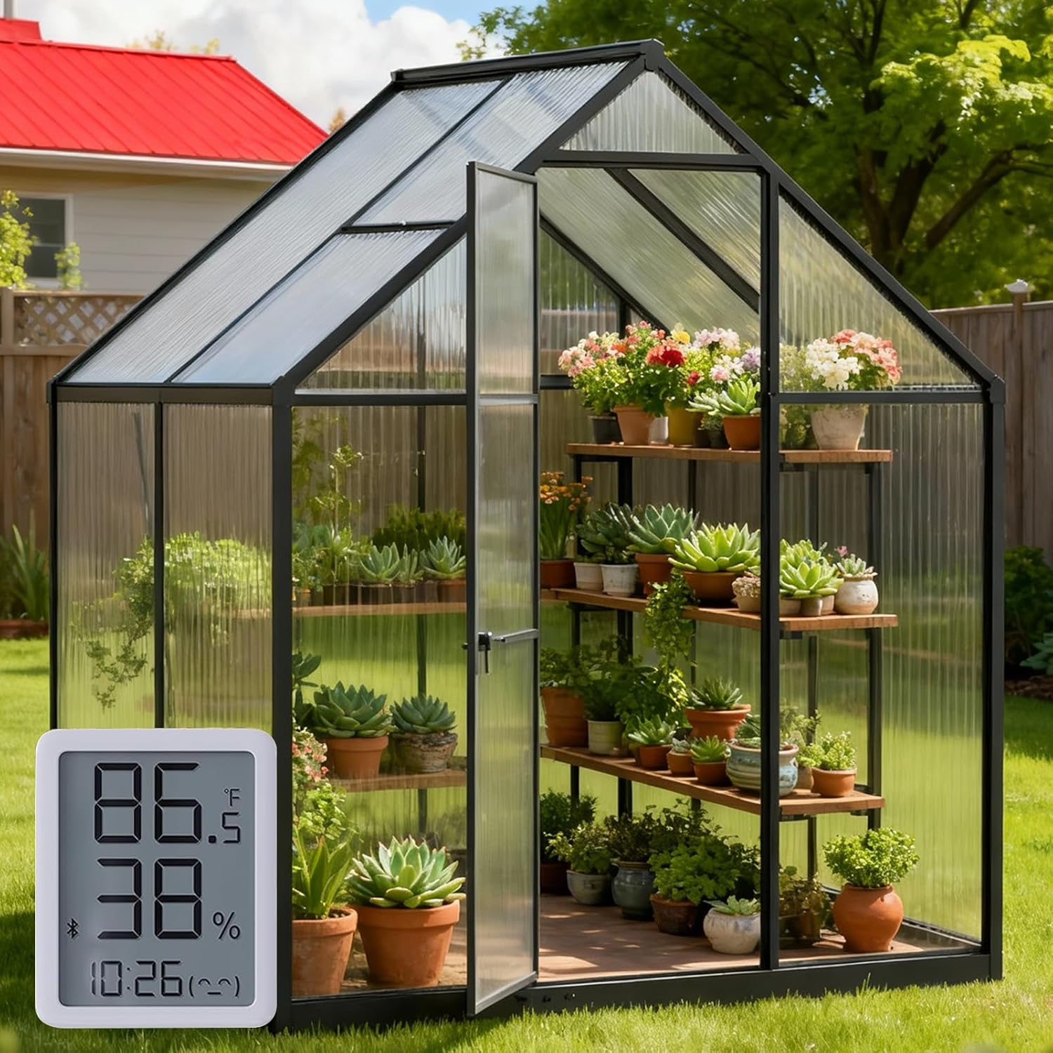 6x4 FT Polycarbonate Greenhouse with Hygrometer, Easy Setup Small Greenhouse for Outdoors Plant Gardening, Heavy Duty Green House Outside with Aluminum Frame Lockable Door & Vented Roof Window