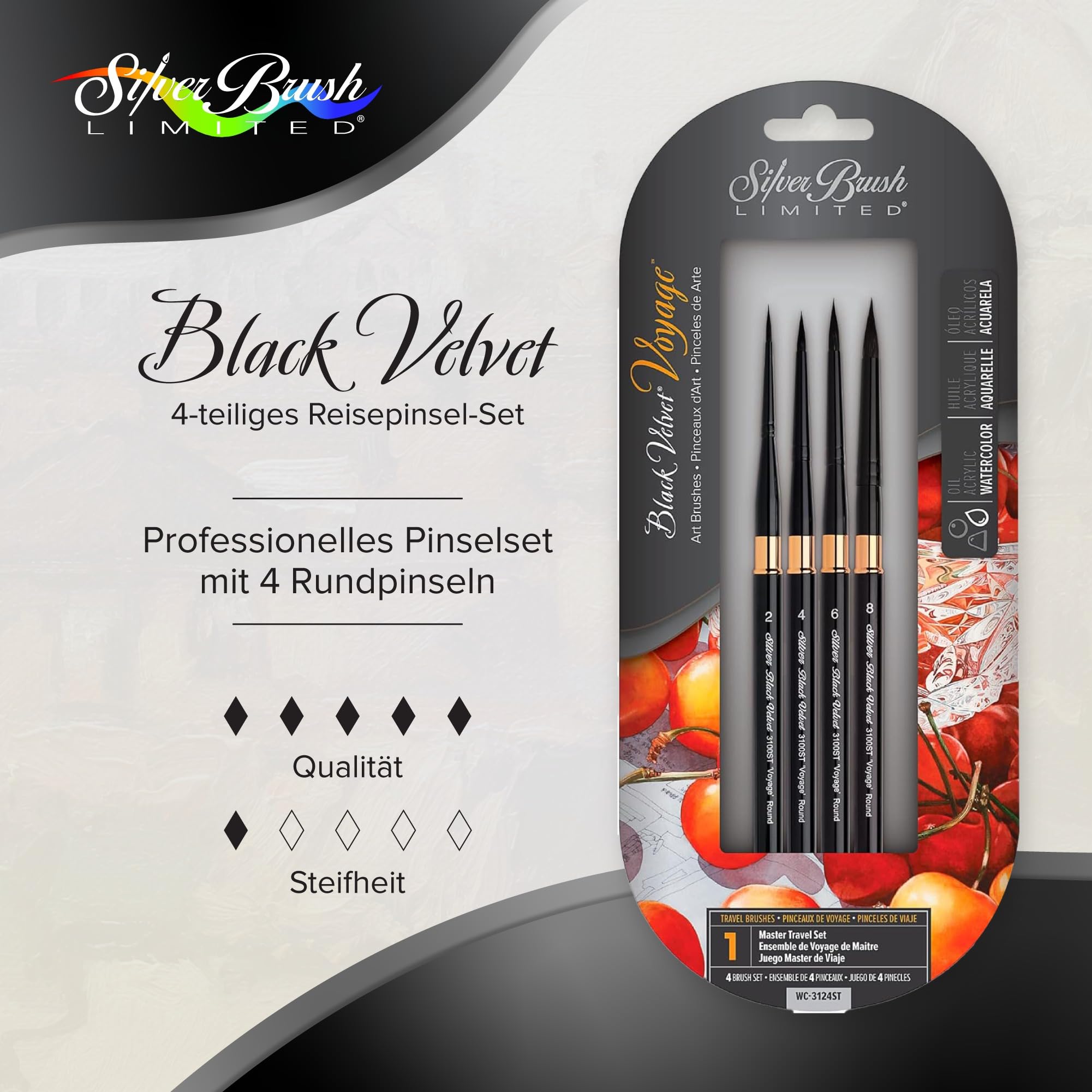 Silver Brush Limited WC-3124ST Black Velvet Voyage 4er Reise Pinselset, Pinsel Größen 4, 6, 8 und 2