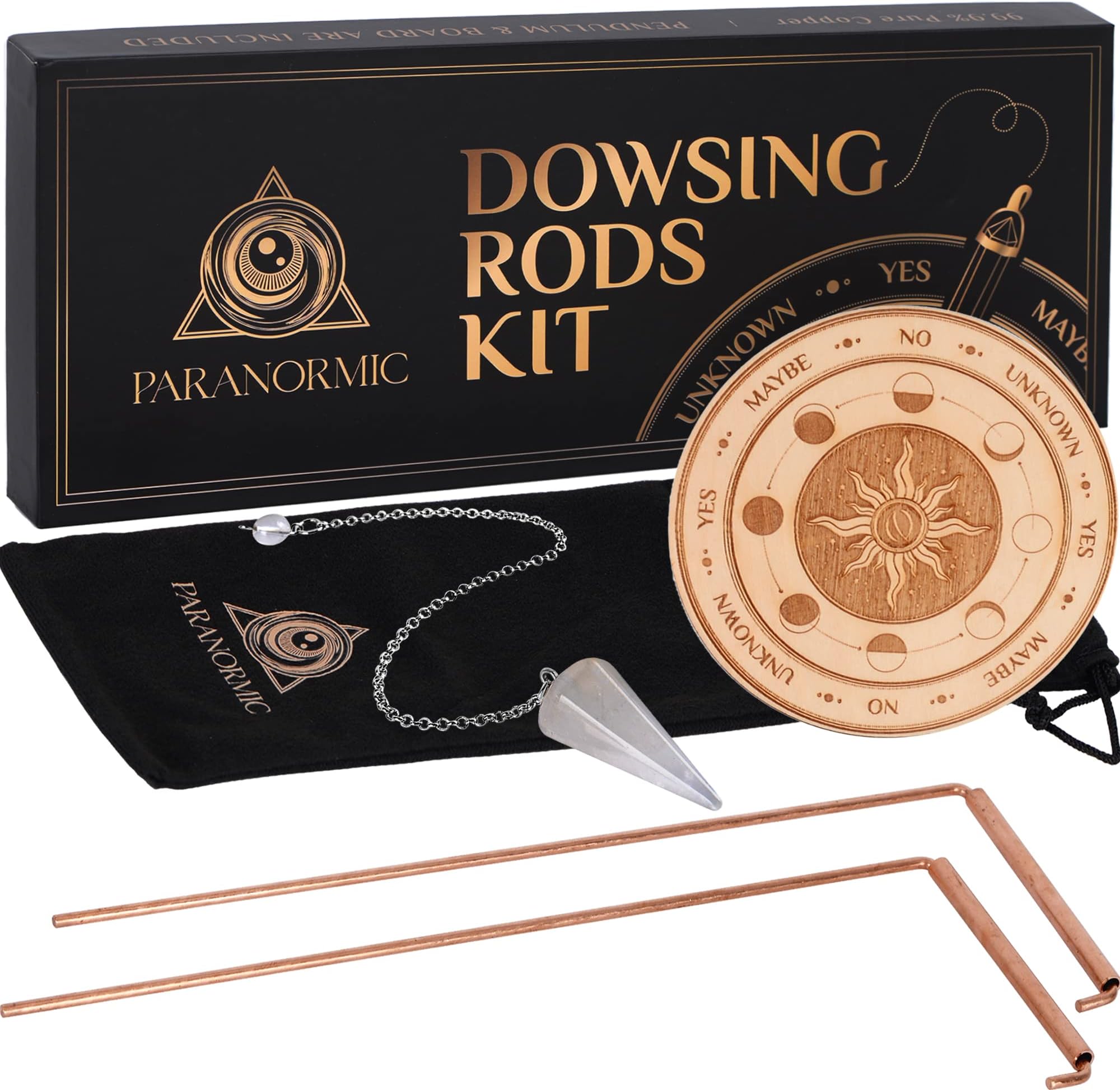 Copper Dowsing Rods & Pendulum Board Kit with Mat & Quartz Crystal – Set of 2 – Discover Paranormal Secrets