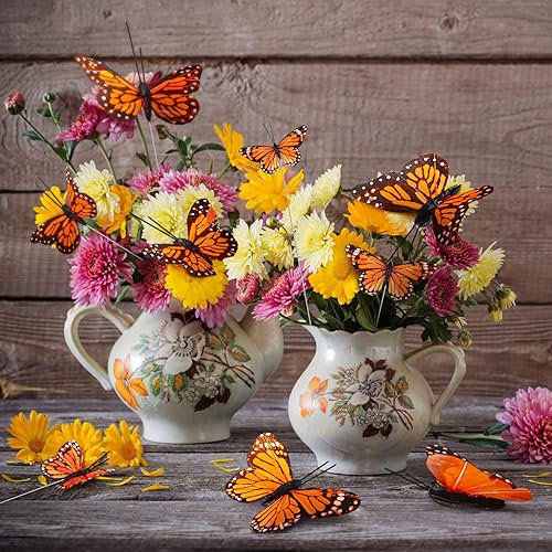Miniatura 4 de Giegxin 24 piezas de decoraciones de mariposa monarca artificial de 4 tamaños de mariposa monarca, decoración de mariposa en púas, mariposas para