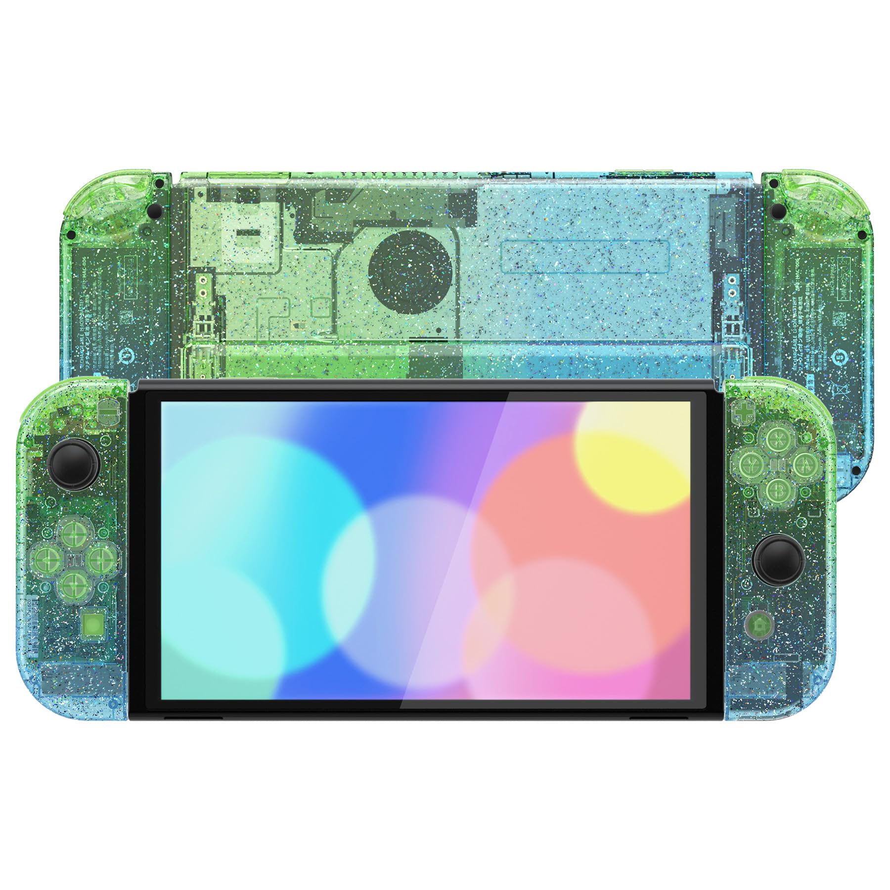 eXtremeRate Coque Complète de Remplacement avec Bouton pour Nintendo Switch OLED, Coque avec Bouton avec Support pour PC Personnalisé pour Nintendo Switch OLED, Transparent Bleu Vert