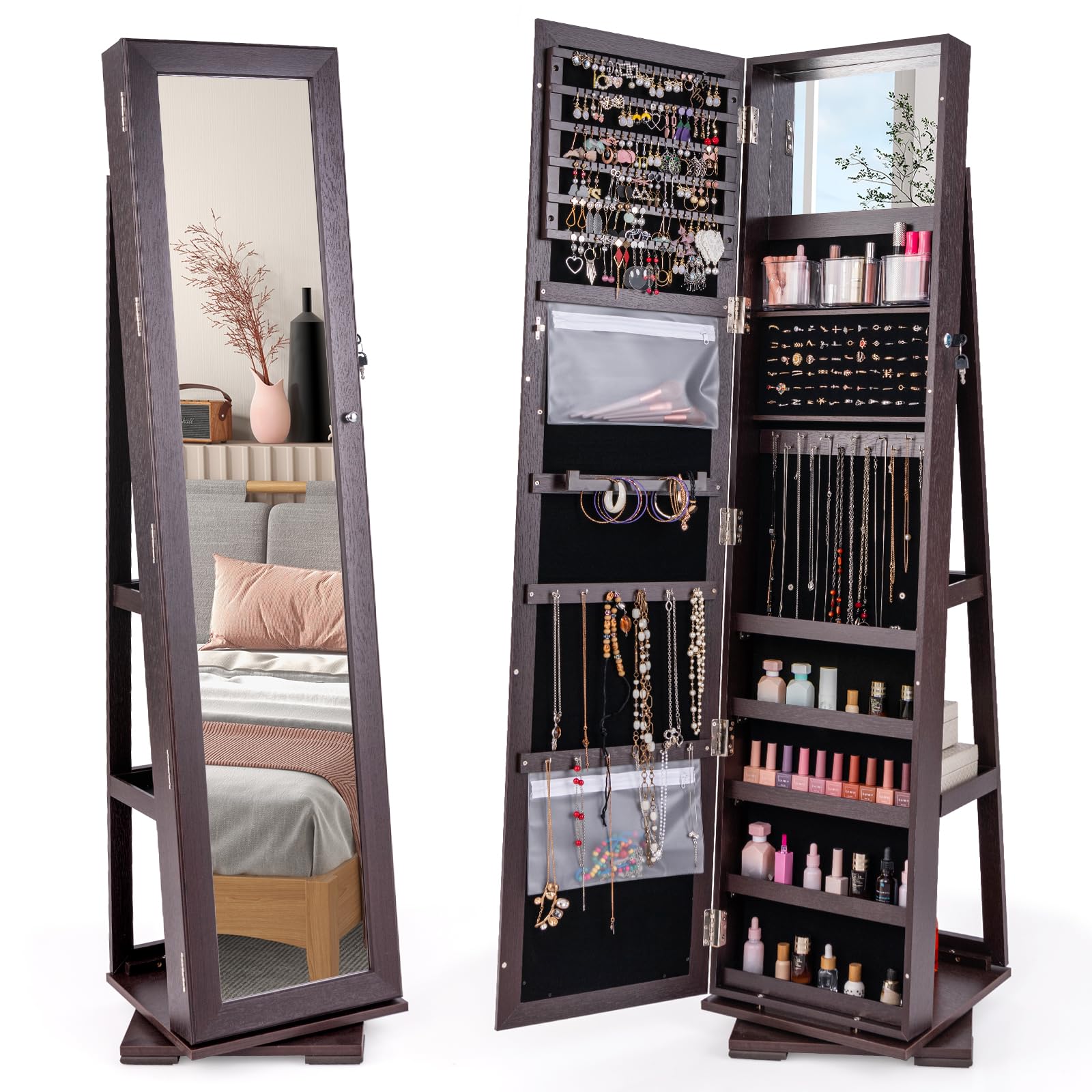 COSTWAY 3-in-1 Jewelry Cabinet, Lockable Jewelry Armoire Storage Unit with Full Length Mirror and Display Shelf, Home Bedroom Dressing Room Cosmetics Jewellery Organiser (360° Swivel Espresso)