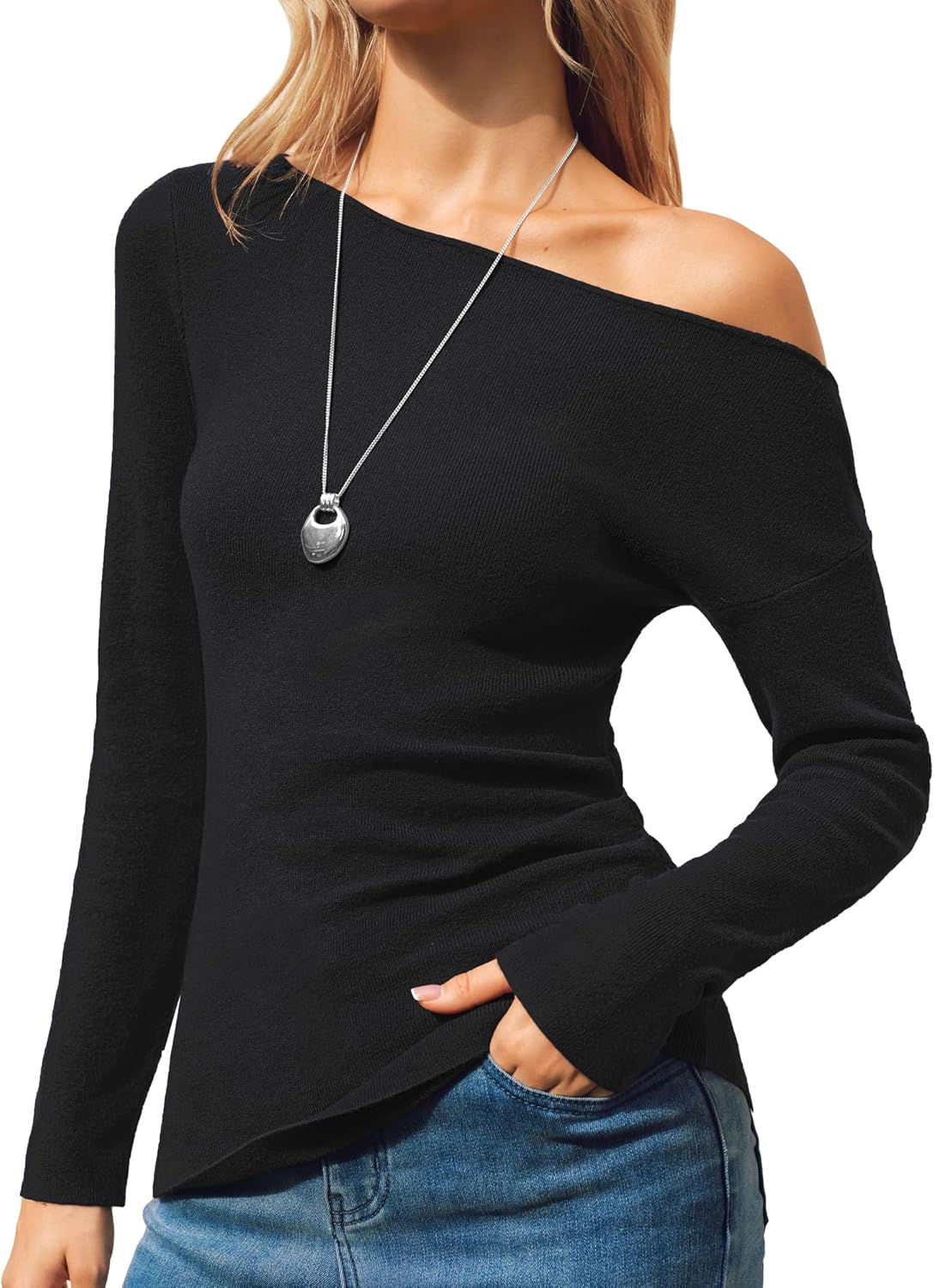 Arach&Cloz Women's Wool Blend Off The Shoulder Ruched Slim Fit Fall Sweaters 2025 Black Small