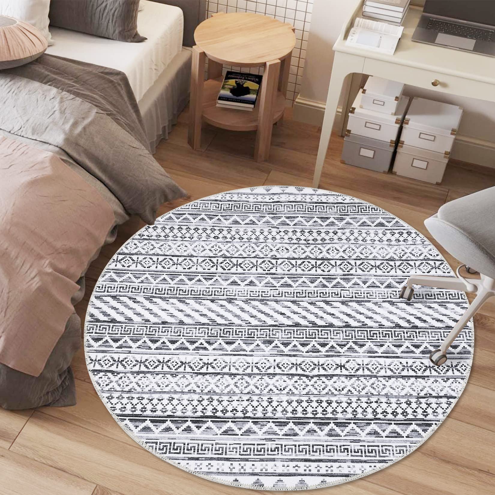 Boho Geometric Washable Round Rug 3' Round Bohemian Area Rug Farmhouse Throw Carpet Small Indoor Non-Slip Low Pile Rug Mat for Living Room Bedroom Kitchen, 3' x 3' Round