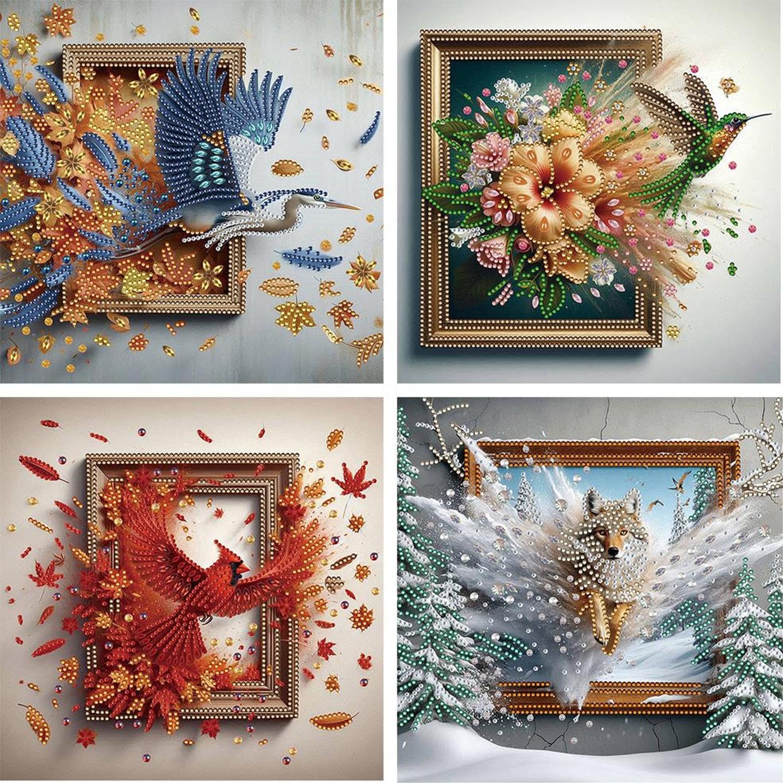 4pcs 5D Special Shape Humming Bird Wolf Diamond Art Painting Kits for Adults, DIY Crystal Rhinestone Gem Art Craft for Beginners, Diamond Mosaic Kit, Home Wall Decor Gift 11.8X11.8inch