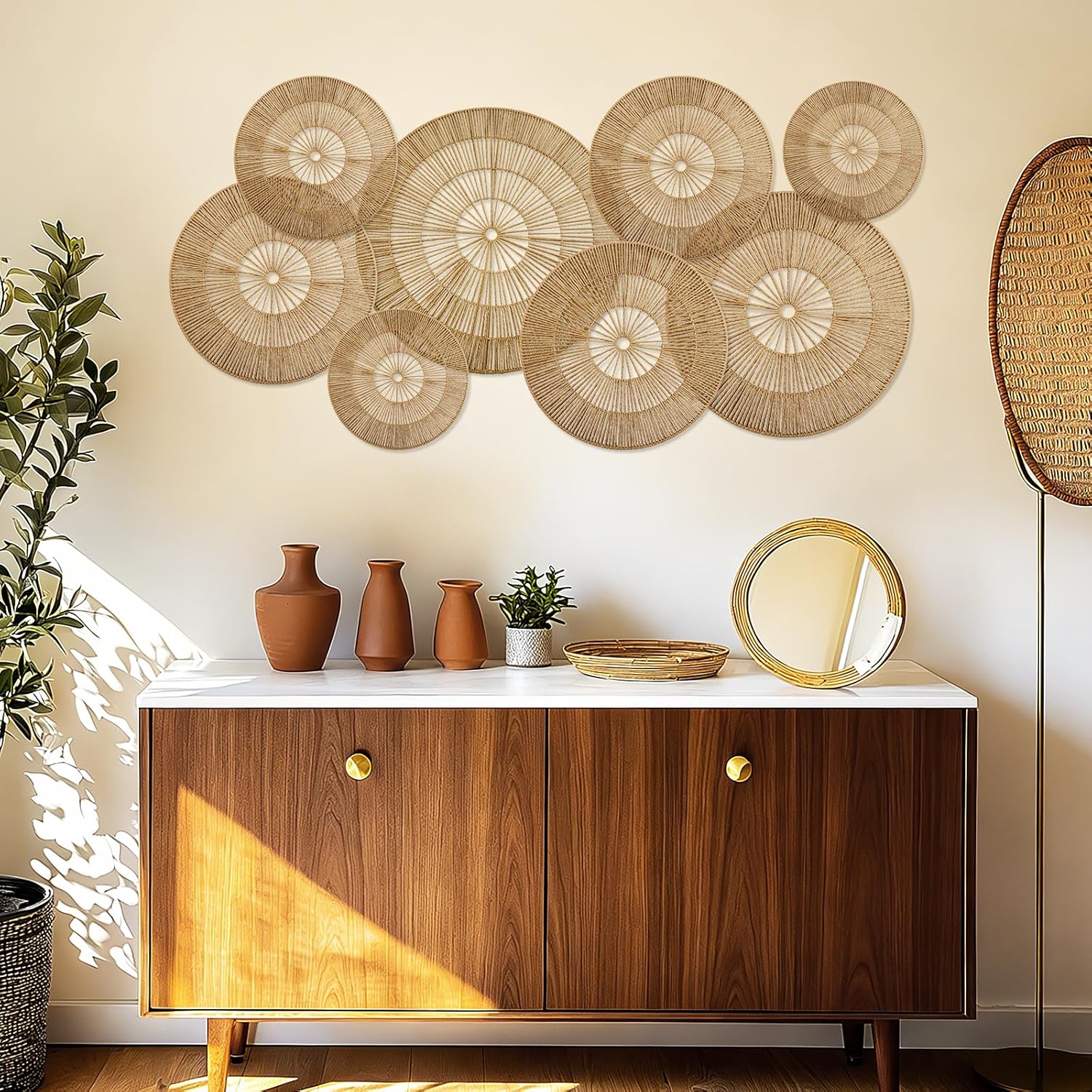 YIYA 8個セット ボーホーウォールデコレーション ジュート ウォールデコバスケット ラウンド 手織り 籐製 ラタン ウォールアー