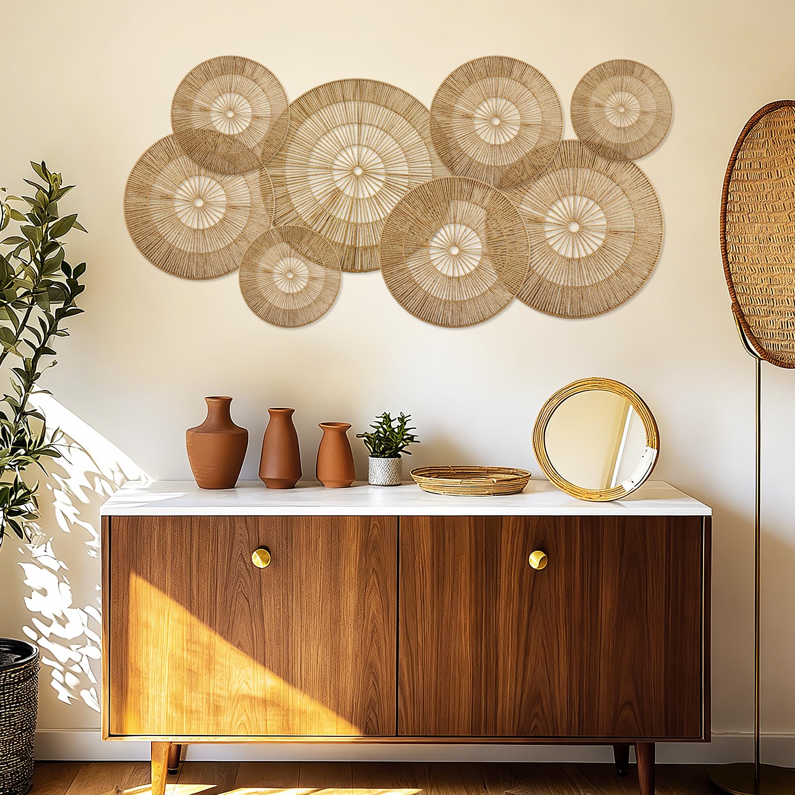 YIYA Set da 8 Decorazioni Murali Boho Cesti Murali Rotondi in Rattan Intrecciati a Mano, Arte Murale Sospesa in Rattan per Soggiorno Casa di Campagna e Camera da Letto