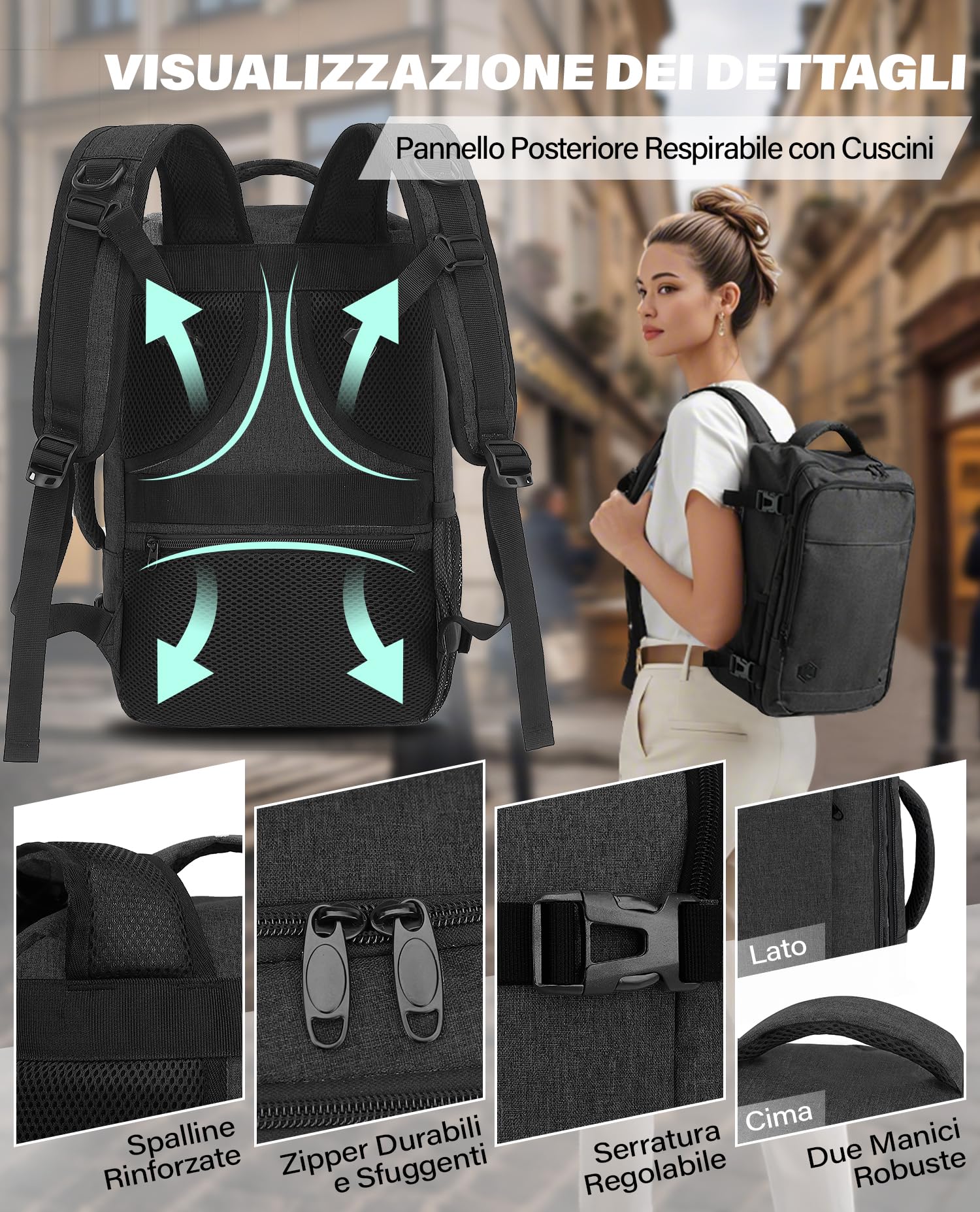 VANKEV Zaino Ryanair 40x20x25 Zaino da Viaggio Aereo Bagaglio a Mano Donna Uomo 20L per Voli Porta PC 14 Pollici per Scuola e Lavoro Trekking grigio scuro