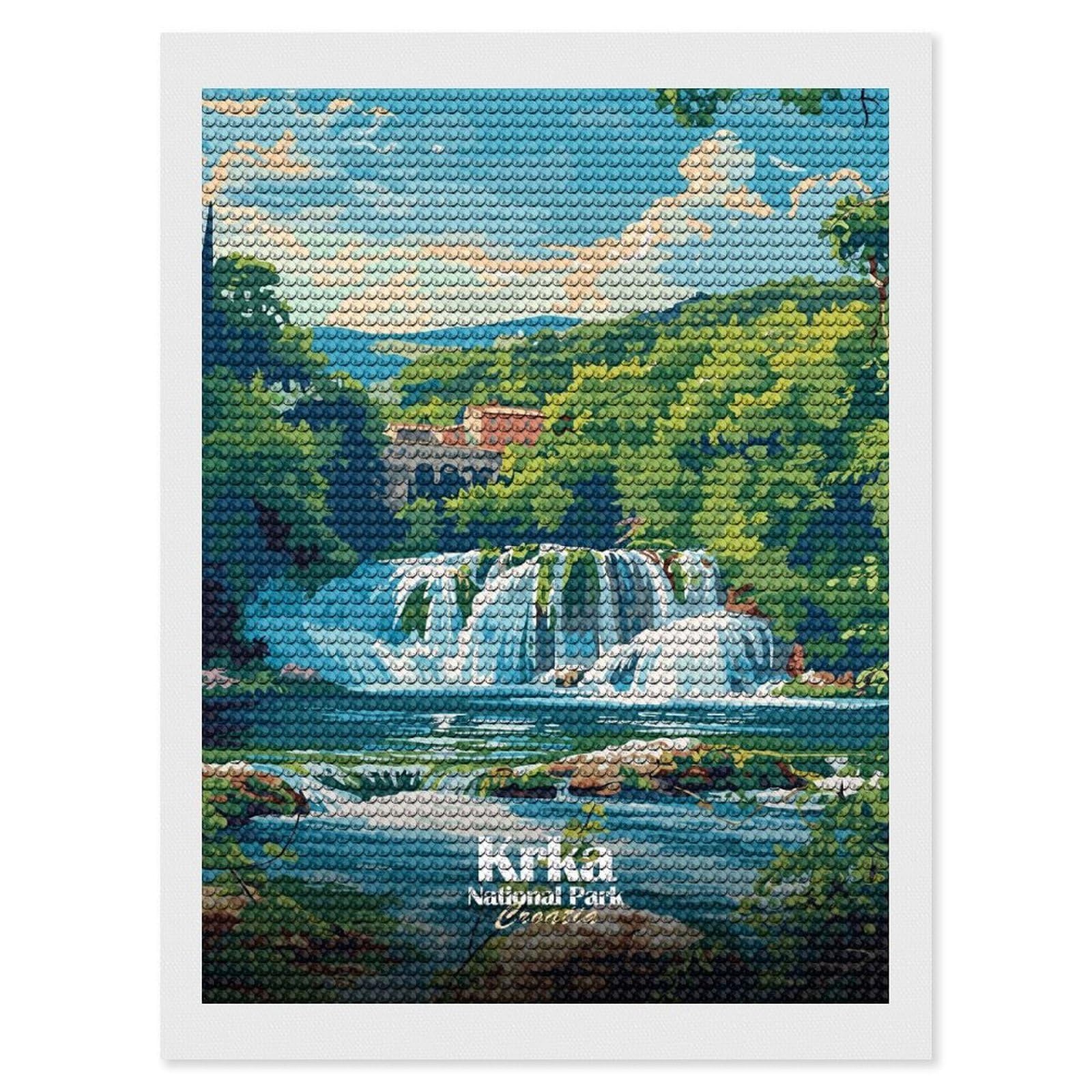 Junmoney Krka National Park Croatia Illustration Diamond Painting Kit 12"x16", Thoughtful Handmade Gift, for Creative Relaxation, Printed Canvas, Cosy Home Accent