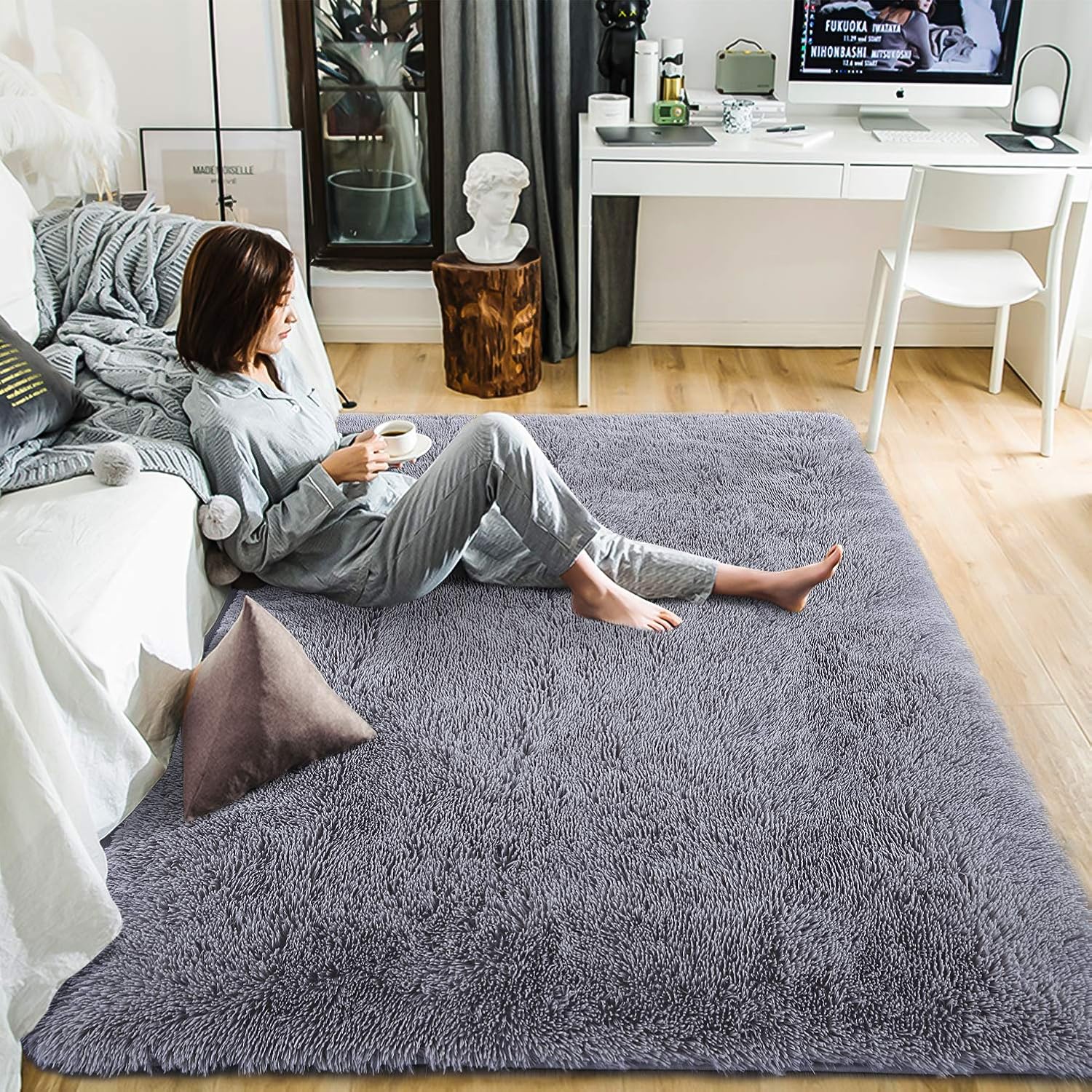 YOH Upgrade Modern Soft Shaggy Rug Decorative Floor Fluffy Carpet, 5'x8' Anti-Skid Plush Area Rugs for Living Room Bedroom Nursery Kids Room, Durable Rectangular Accent Fuzzy Rug, Grey