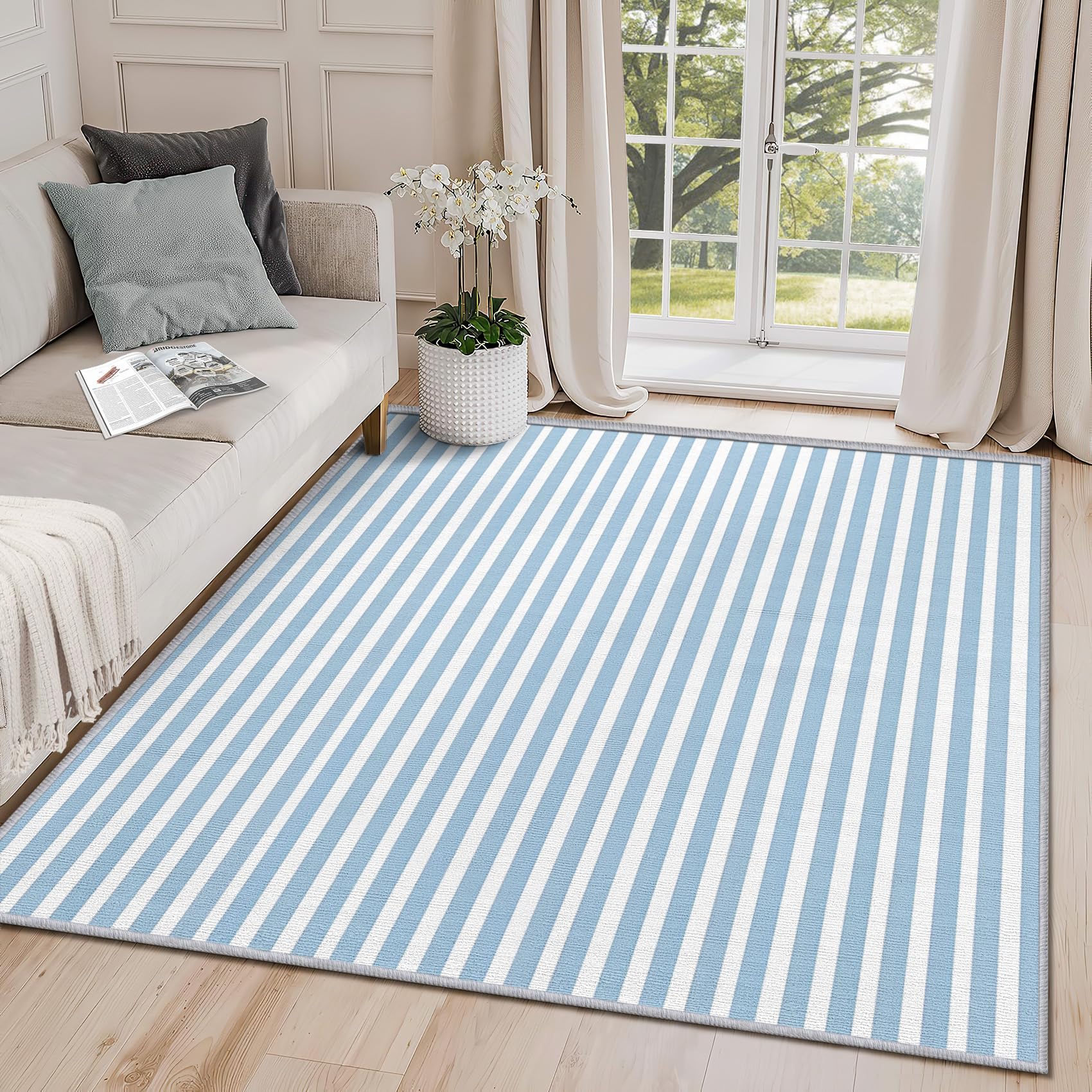 Clofmor Striped Area Rugs for Living Room - Blue and White Stripes Large Rug Non Slip Low Pile Washable Bedroom Carpet Room Decoration, 200x290cm, Nautical