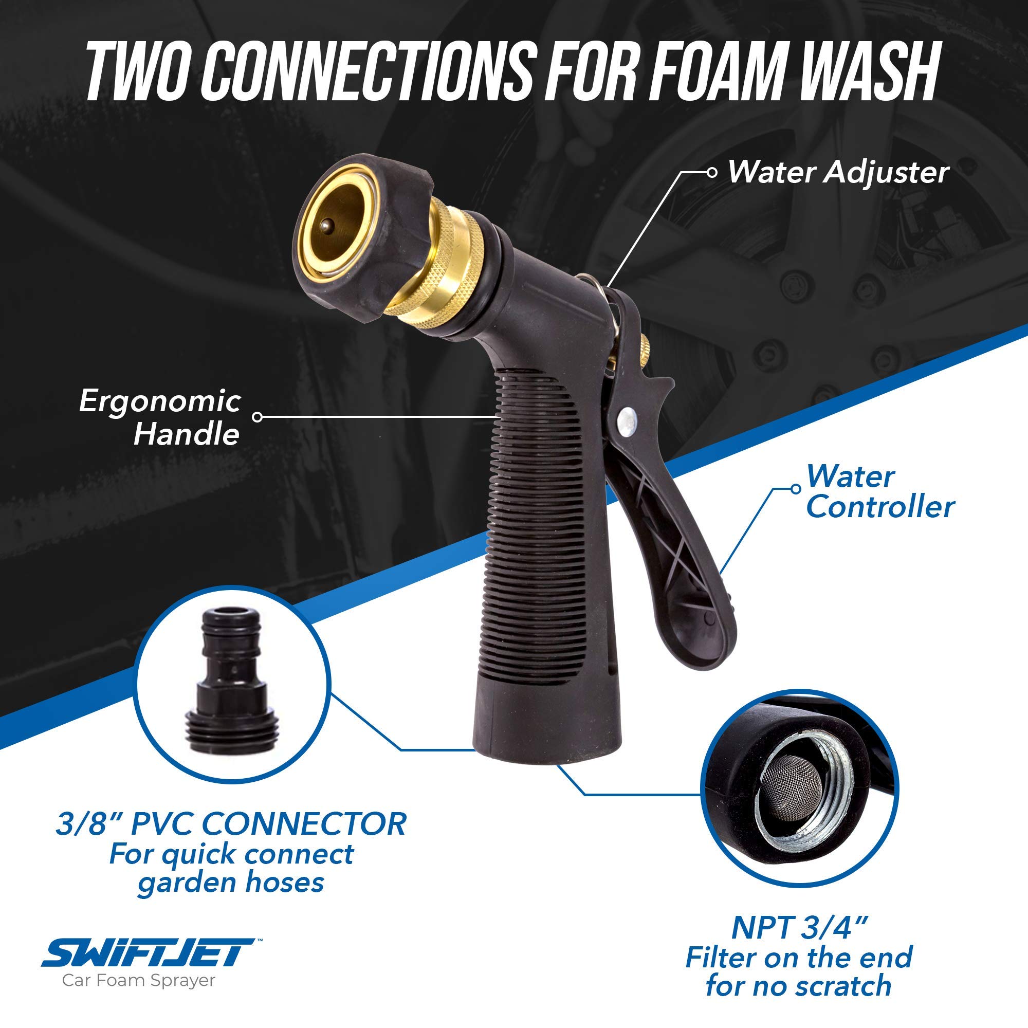SwiftJet Pistola de espuma para lavado de coches + guante de lavado de microfibra – Pulverizador de espuma para coche – Kit de lavado de coches – Pistola de manguera de jardín – Accesorios para coche