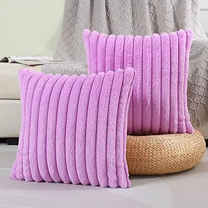 FUTEI Purple Striped Decorative Throw Pillow Covers 24x24 Inch Set of 2,Square Fall Decorations Couch Euro Pillow Case,Soft Cozy Faux Rabbit Fur & Velvet Back,Modern Home Decor for Bed