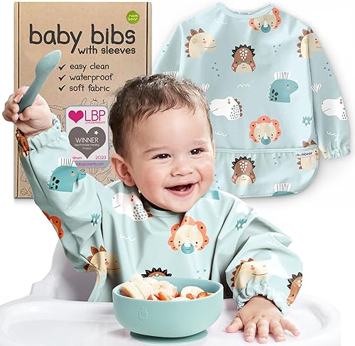 Waterproof Smock Baby Bibs for Eating (Boy or Girl 6-24 Months) - Toddler Long Sleeve Bib for Baby Led Weaning
