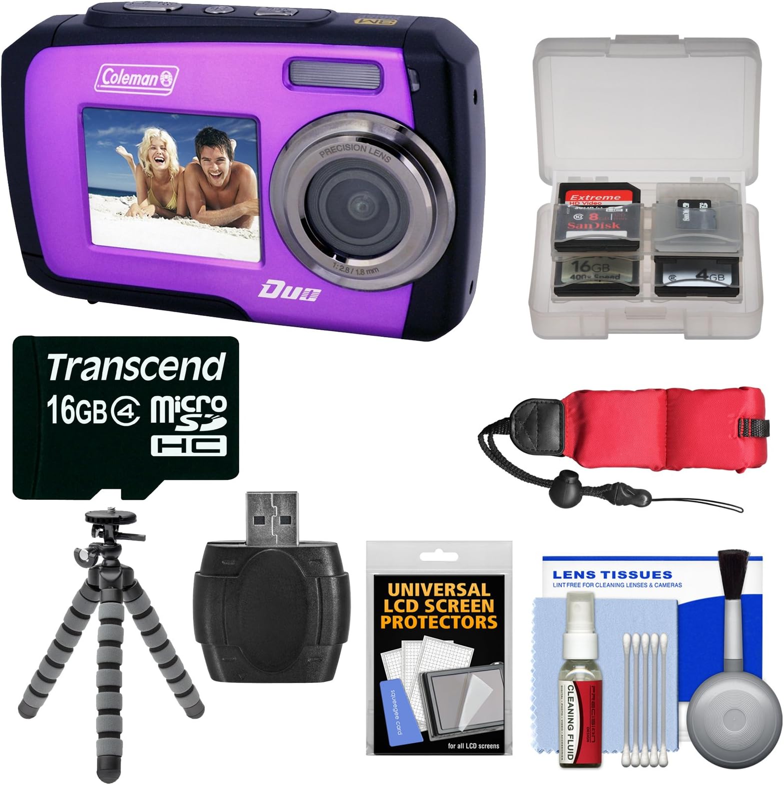 Duo 2V7WP Dual Screen Shock & Waterproof Digital Camera (Purple) with 16GB Card & Reader + Float Strap + Flex Tripod + Kit