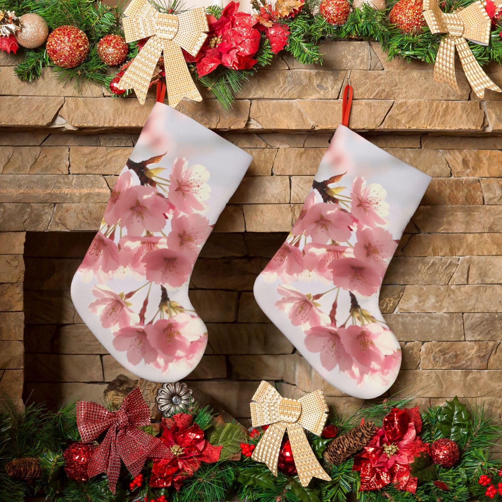 KLOPH Christmas Stockings 18" Personalized Xmas Stocking Cherry Blossom Decoration Stocking Hanging Fireplace Stocking for Holiday Xmas Tree Christmas Fireplace Decor