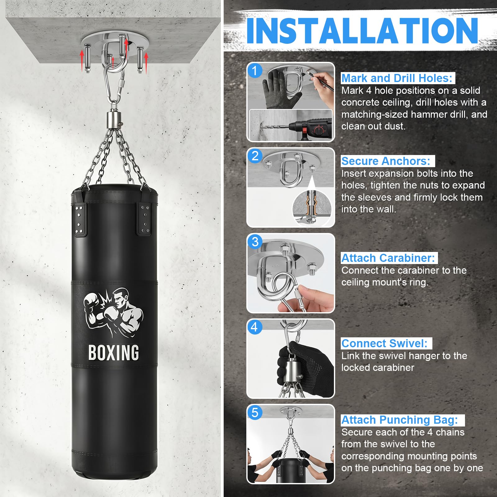 Sac de Frappe Adultes Ninonly 120CM Lourd Sac de Boxe avec Gants de Boxe Appareil de renforcement de la Force de préhension Corde à Sauter pour Kickboxing MMA Muay Thai-Non Rempli