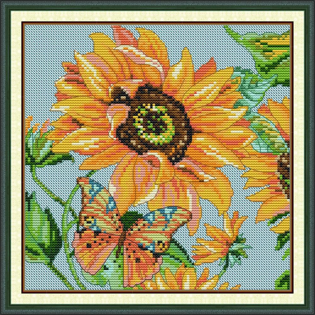 Meecaa Cross Stitch Kits 14 Count Stamped, Sunflower Flower Butterfly Embroidery Kit with Accessories Pre Printed（27×27CM (Sunflower)