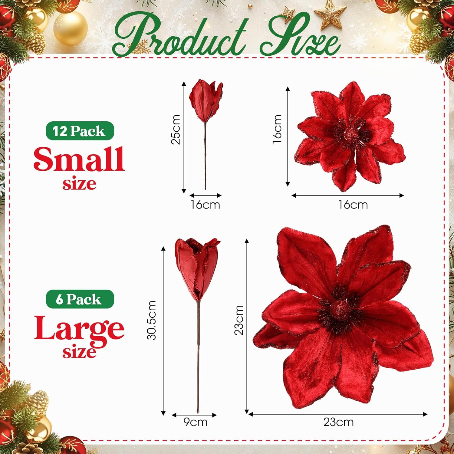 18 Pcs 12" 9.8" Large Poinsettia Flowers Artificial for Christmas Tree Glitter Poinsettias Picks with Stem Xmas Faux Silk Floral Ornaments for Santa Garland Home Decoration Party(Red)