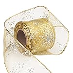 Livder 2.5 Inch Wide Christmas Wired Ribbon Snowflake Organza Sheer Glitter Ribbon for Xmas Tree, Wreath, Party Decoration, Gift Wrapping (Golden, 10.9 Yards)
