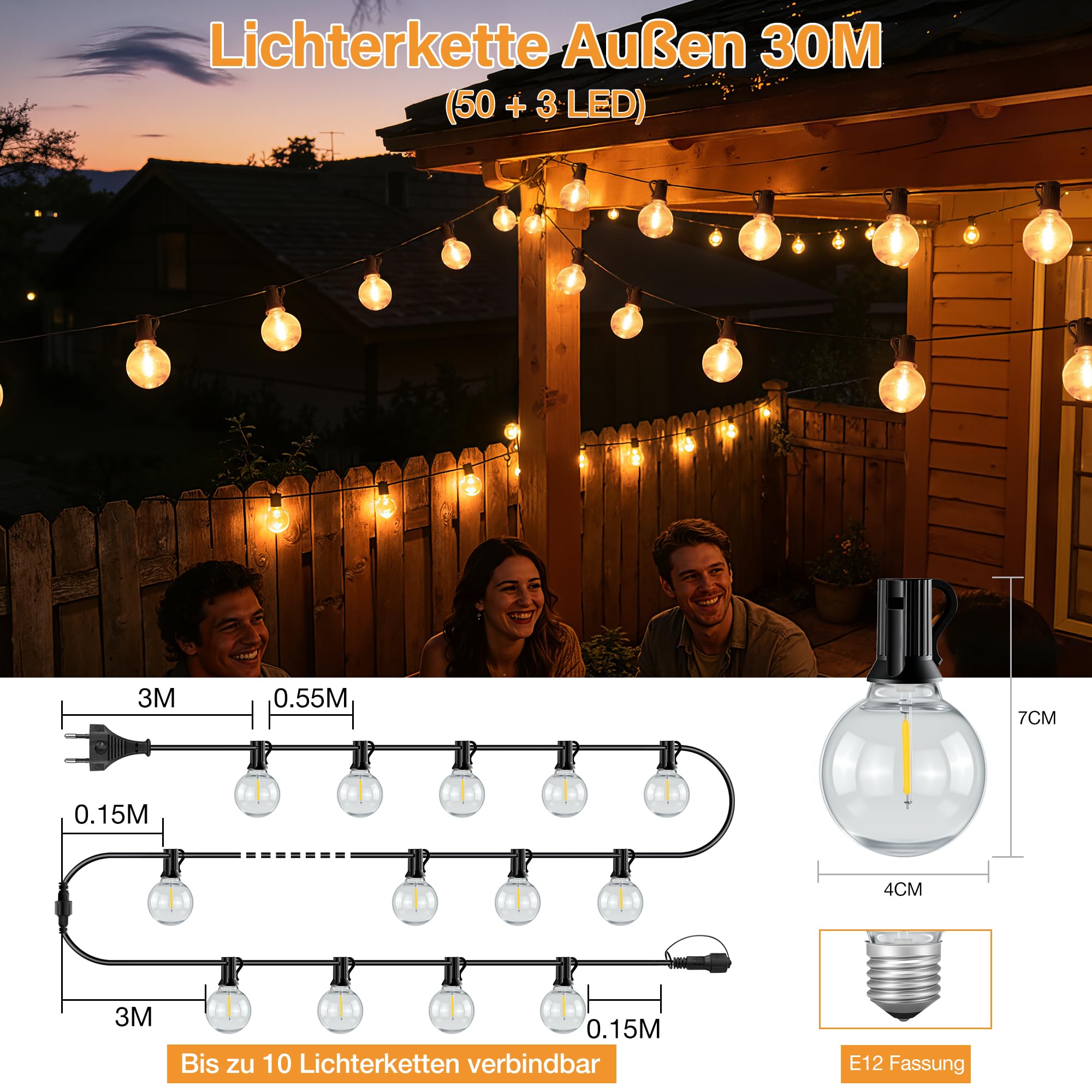 HeiPard Lichterkette Außen LED Strom 30M, Outdoor Lichterketten Beleuchtung mit 50+3 G40 Glühbirnen Wetterfest IP45 für Aussen Innen Balkon Garten Camping Pavillon Terrasse Hochzeiten Partys