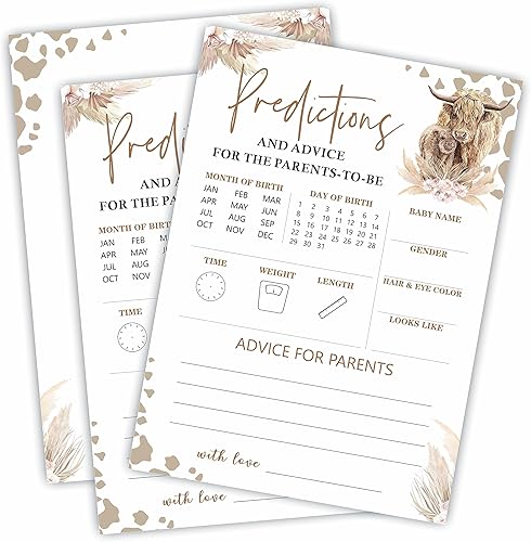 Tarjetas de juego de predicciones y consejos para baby shower, vaca santa, temática del rancho occidental, 30 tarjetas de juego de relleno de doble