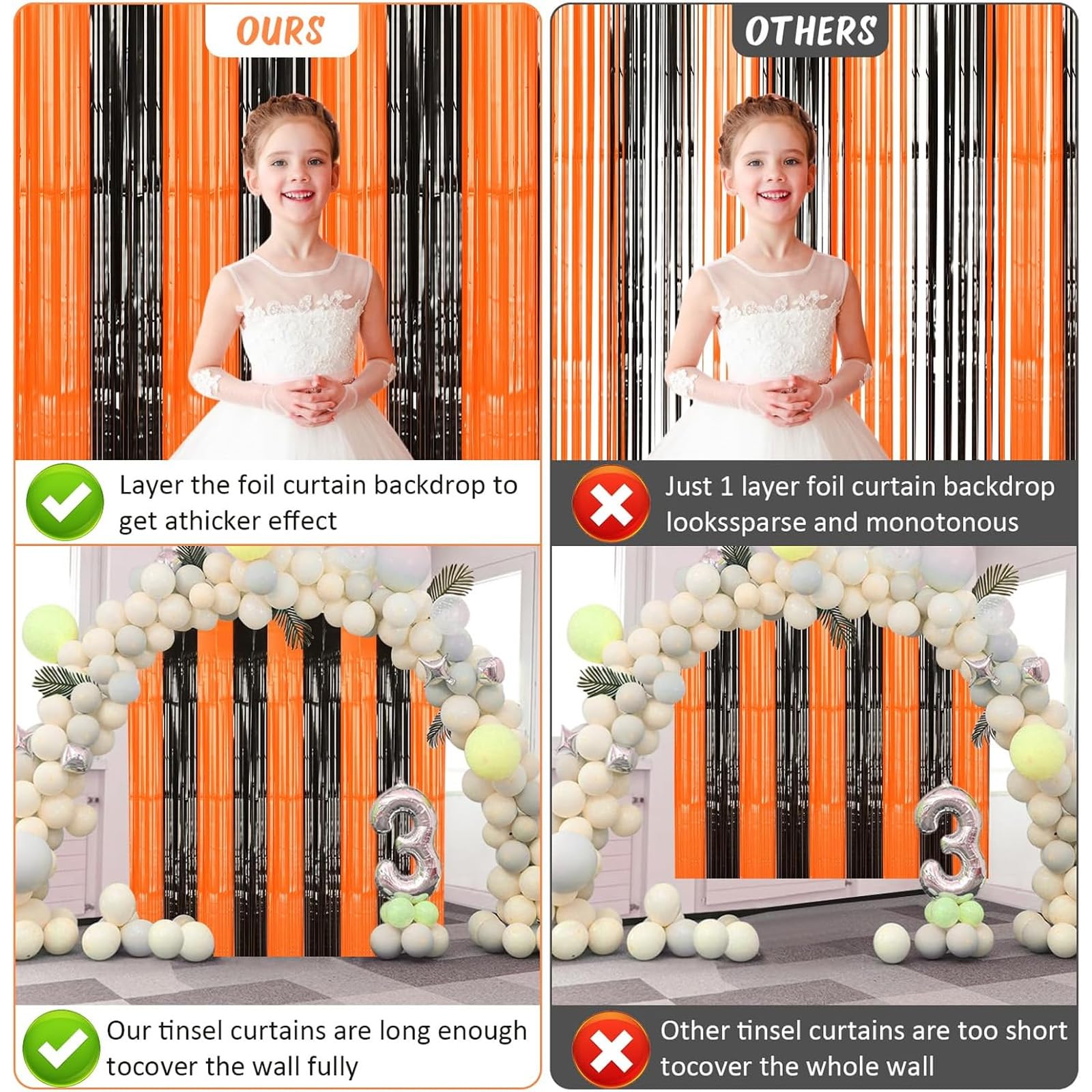 Halloween Lametta Vorhang Set - 2x 1x2m Schwarz-Orange