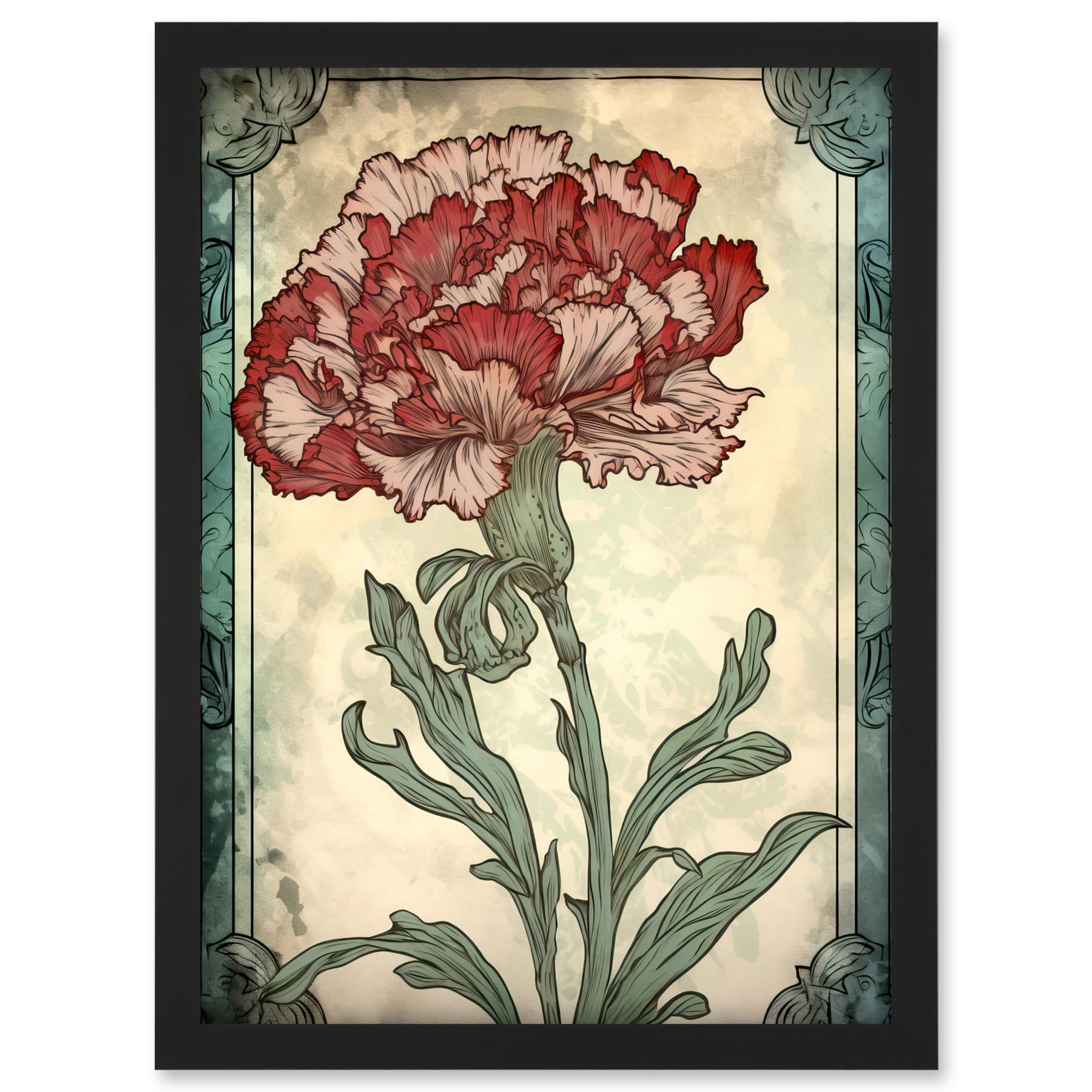 Artery8 Red Carnation Flower Bloom Watercolour Art Nouveau Artwork Framed A3 Wall Art Print