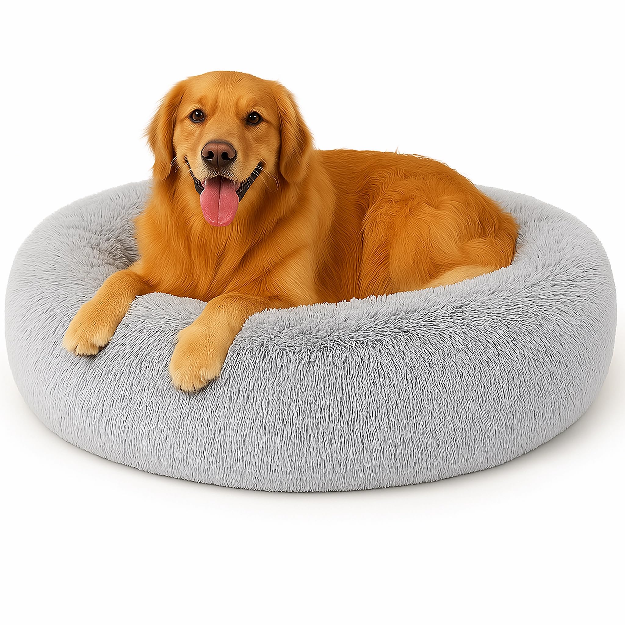 SEOUGEE Calming Donut Dog Bed, Fluffy Plush Round Cat Bed, Cosy Soft Washable Cushion Self-Warming Pet Beds with Non-Slip Bottom, Indoor Sleeping Cuddler Nest for Medium Large Dogs (Grey 100cm)
