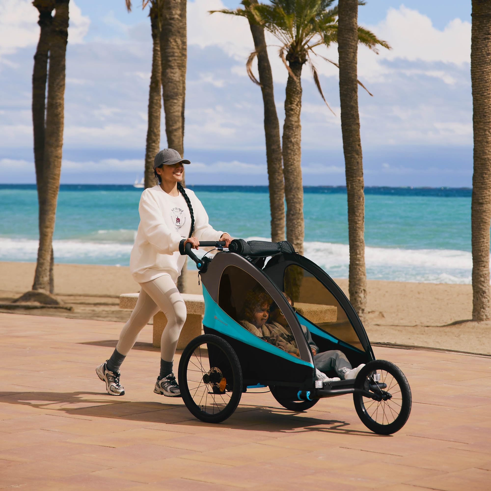 Kinderkraft NAVA 3in1 Kinderwagen Laufwagen Fahrradanhänger für zwei Kinder bis 44 kg Aluminiumrahmen Blau