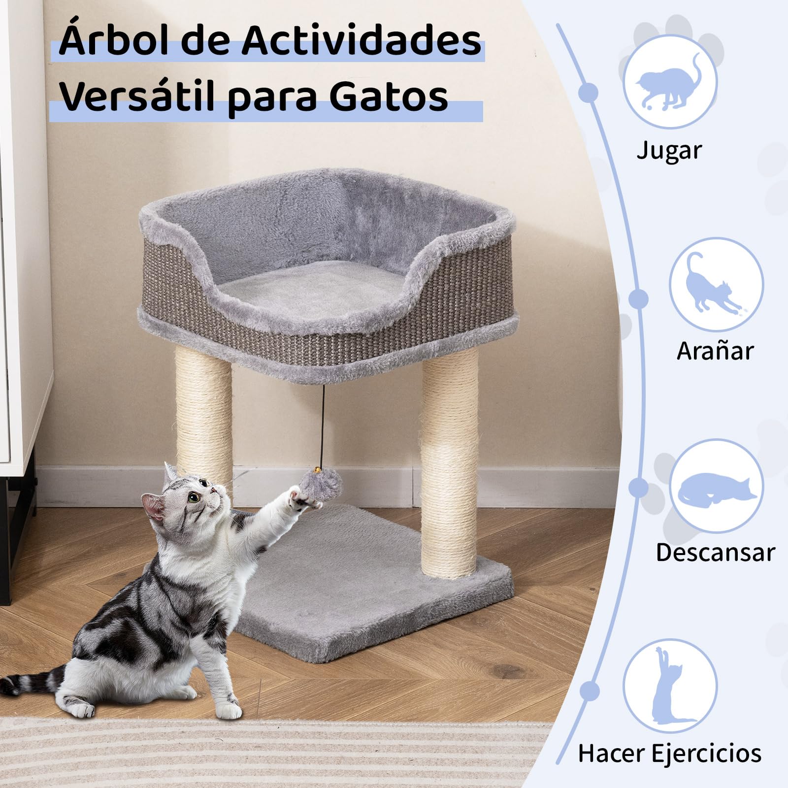 COSTWAY Árbol Rascador Pequeño para Gatos, 38 x 38 x 51 cm, Torre Rascador para Gatos con Plataforma Alfombrado de Felpa y Poste de Rascado de Sisal Natural, Cama para Gato, Relajarse y Dormir (Gris)