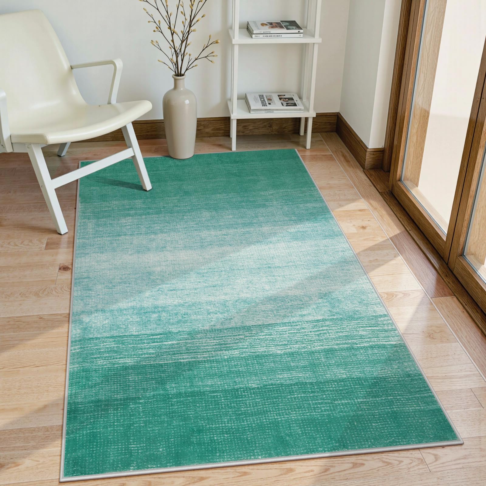 Wonnitar Modern Ombre 3x5 Area Rug, Teal Washable Bedroom Rug, Non-Slip Abstract Soft Nursery Throw Mat, Contemporary Stain Resistant Gradient Entry