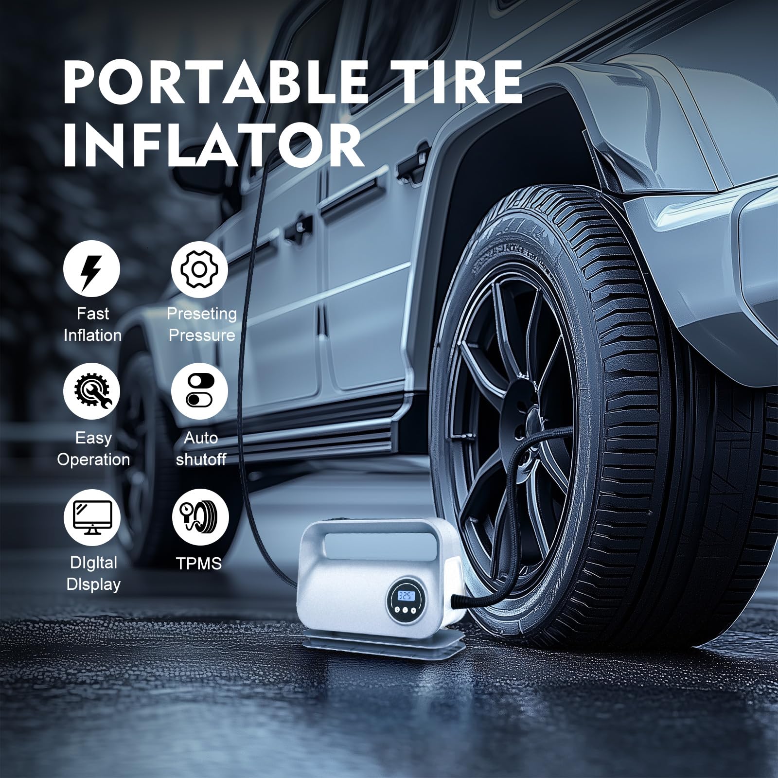 YIJU Inflador de neumáticos portátil compresor de aire bomba de aire para neumáticos de coche, accesorios de coche, bomba automática de 12 V CC con manómetro digital, luz LED de emergencia para