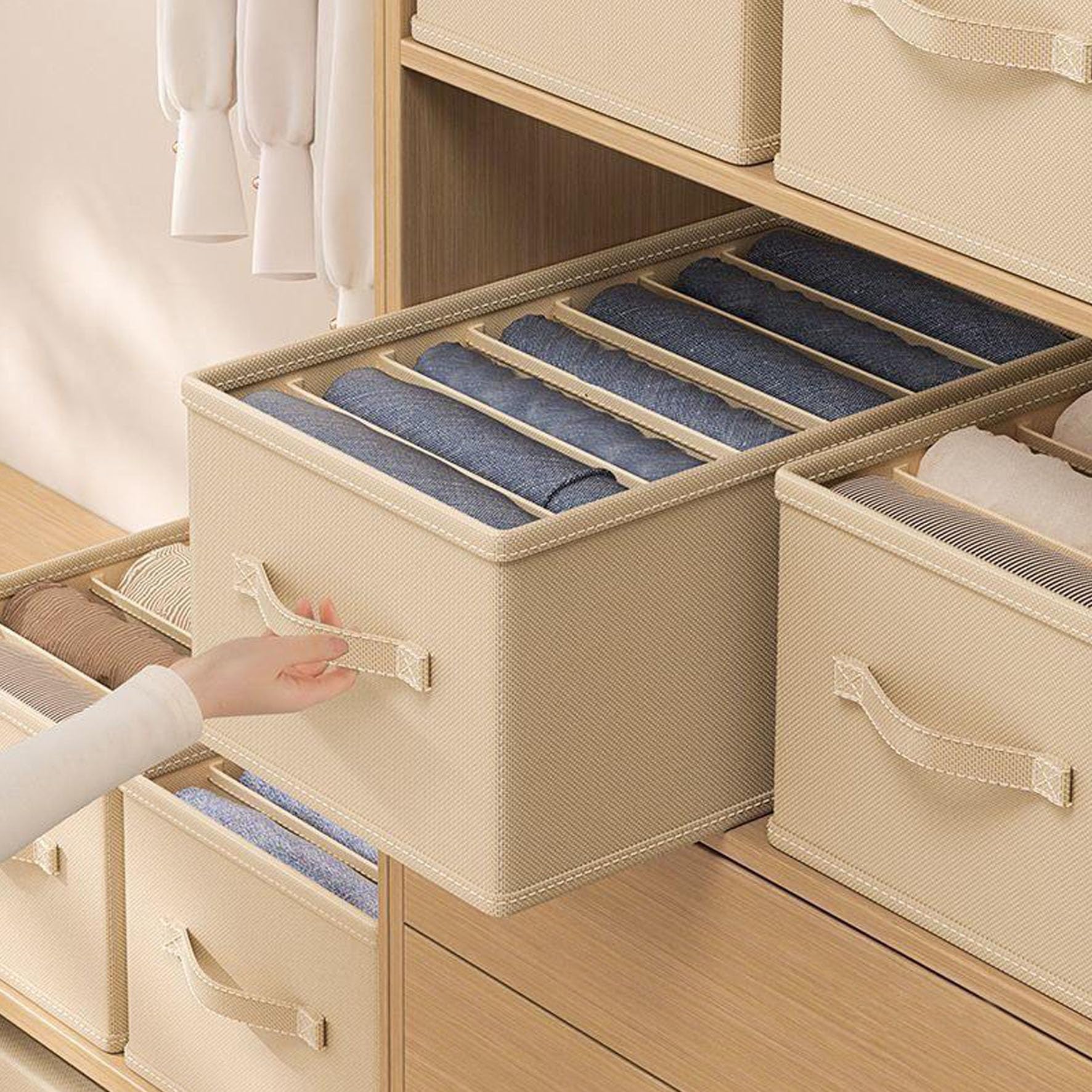 EPEDICWardrobe trousers and clothes storage artifact clothing separation and organization basket wardrobe organization and storage box with handle PP board without odor (Beige)