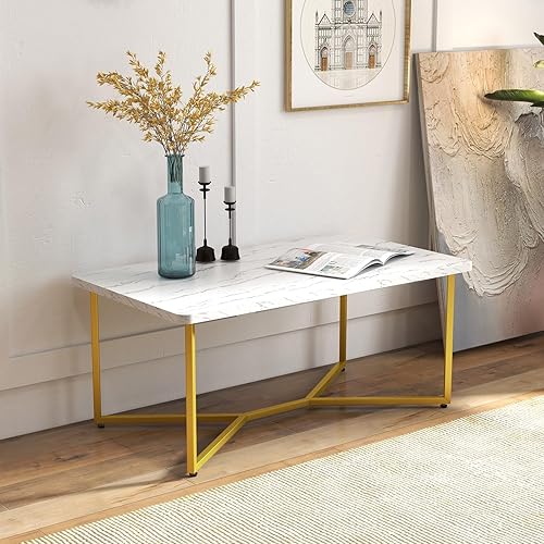 Miniatura 9 de Giantex Mesa auxiliar de mármol blanco, mesa central rectangular de 42 pulgadas de largo con estampado de mármol sintético y marco de metal con
