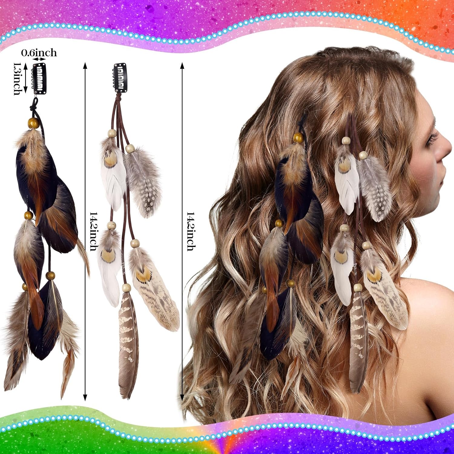 Geyoga 12 Pcs Clip in Hair Feathers with Beads, Boho Feather Hair Clips for Women, Rave Music Festival Accessories for Halloween Costume, Carnival Party (Vintage Colors,Standard) image 3