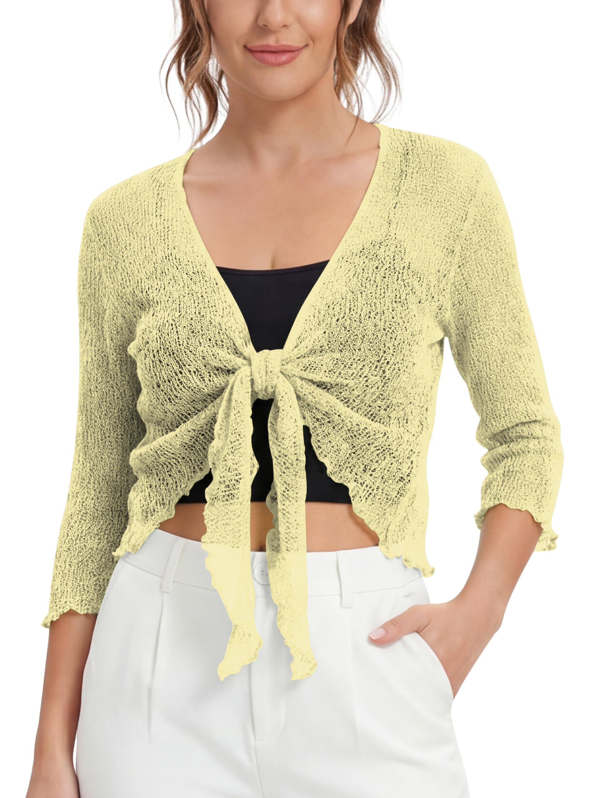 Love My Fashions Camicetta per Donna a Rete Lavorata a Maglia Corta con Allacciatura Coprispalle, Manica a 3/4 Cardigan Elasticizzato Camicetta Leggera
