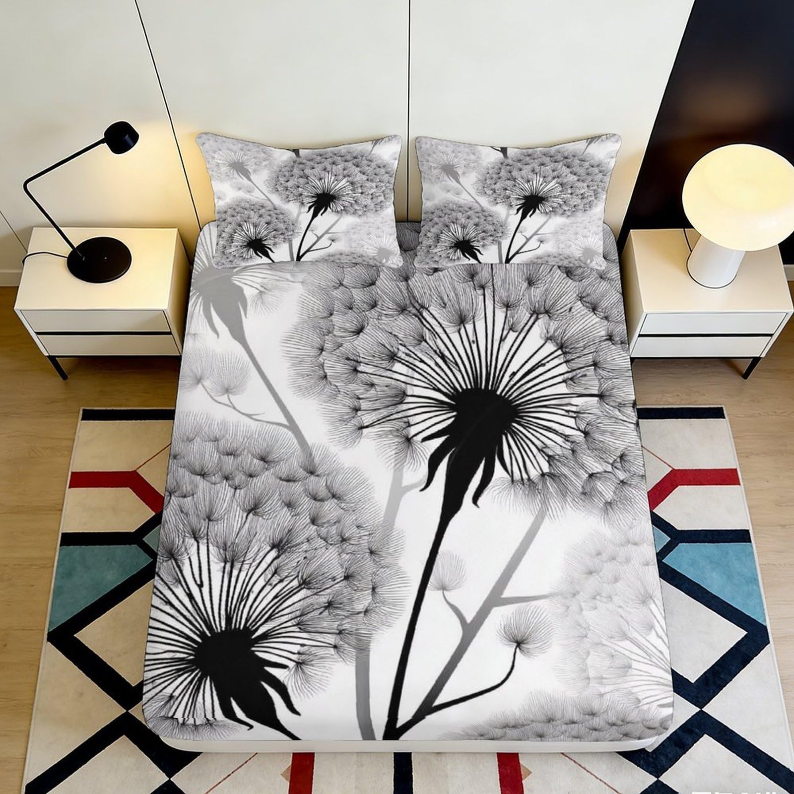 3D Printed Dandelion Fitted Sheet Microfiber Soft Breathable Dandelion Mattress Cover for Bedroom Dormitory Guest Room Mattress Protection 160x200x25cm