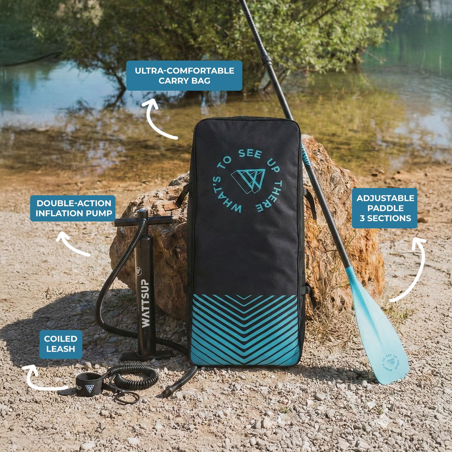 Wattsup - SUP Stand Up Paddle gonfiabile - Gamma First - Dropstitch - Pacchetto completo: Pagaia, Leash, Pompa, Borsa da trasporto