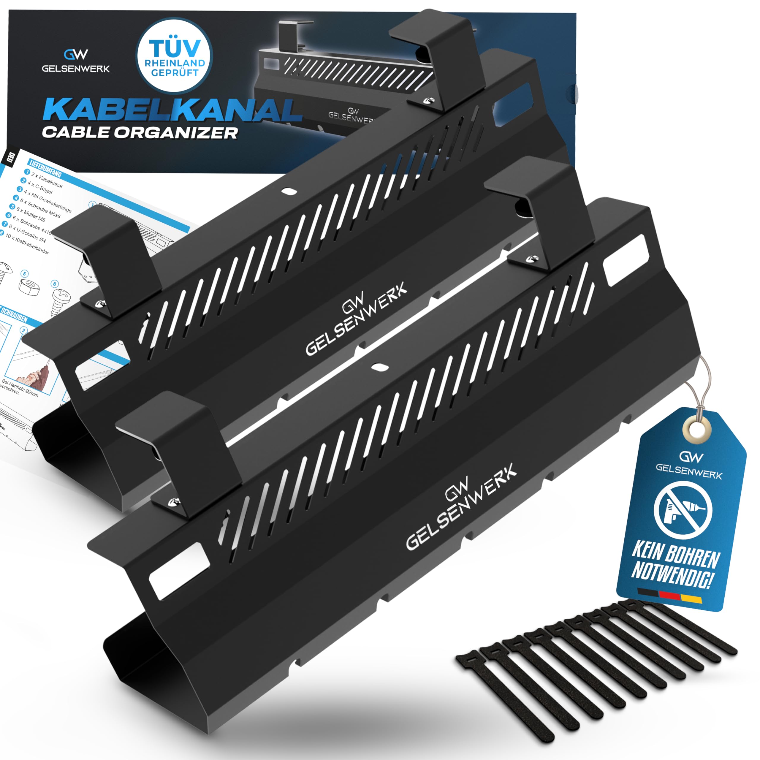 GELSENWERK® Kabelkanal Schreibtisch Schwarz 2er Set – Kabelmanagement Schreibtisch für saubere Kabelführung – Metall Kabelwanne ohne Bohren – Kabel Organizer - 2 Montagearten