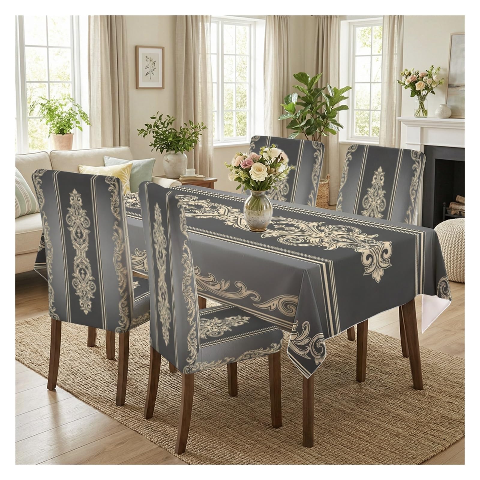KXUAUV Grey Gold Damask Print Stretch Dining Chair Covers Tablecloth Set, For Kitchen Dining Living Room Elegant Decor, 5/7 Pack Party Decor(5pcs Set: Tablecloth+Chair Covers)