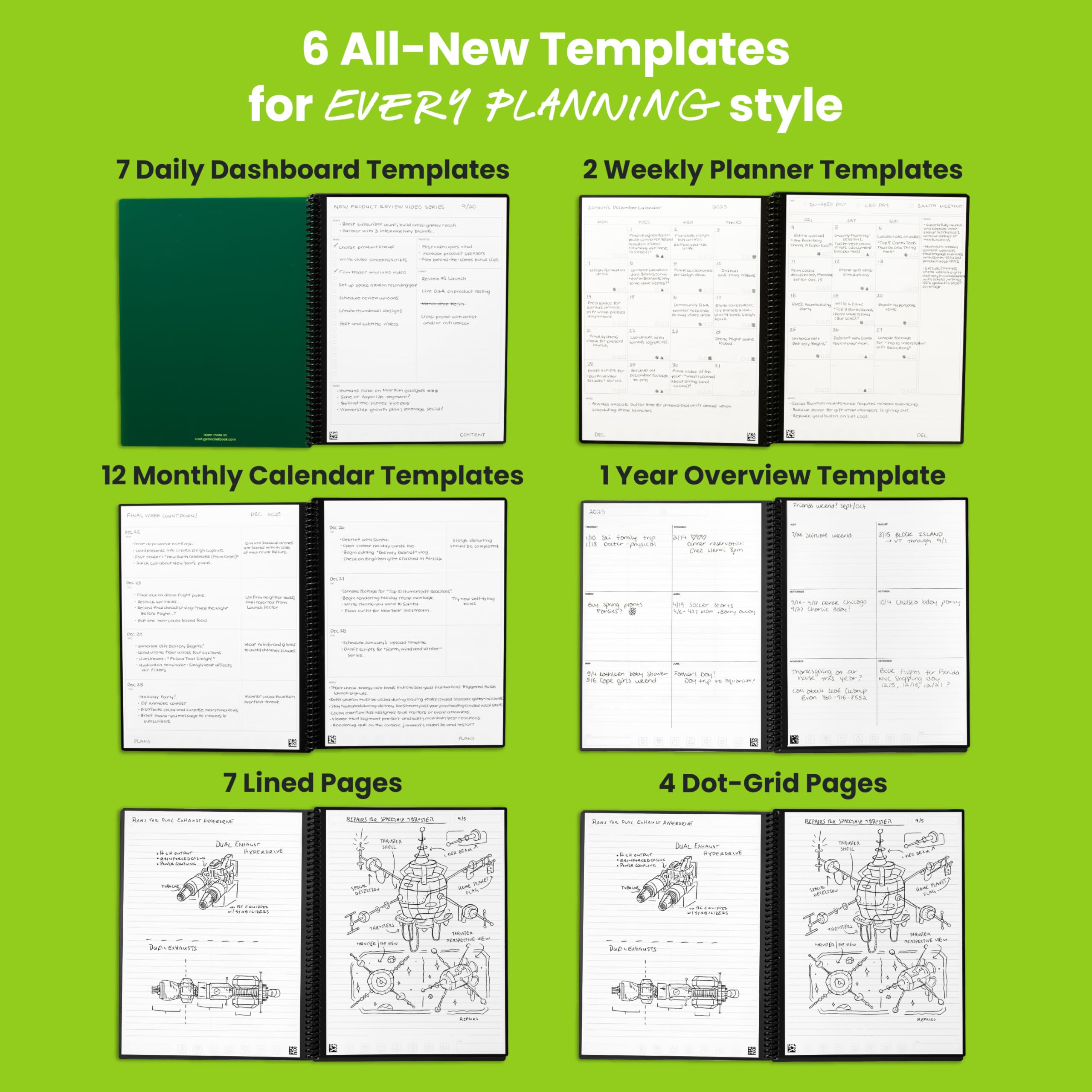 Rocketbook Flex Planner, riutilizzabile non datato intelligente, formato lettera 21,6 x 28 cm verde - Giornaliero, settimanale, mensile, calendario annuale, attività, obiettivi, pianificazione