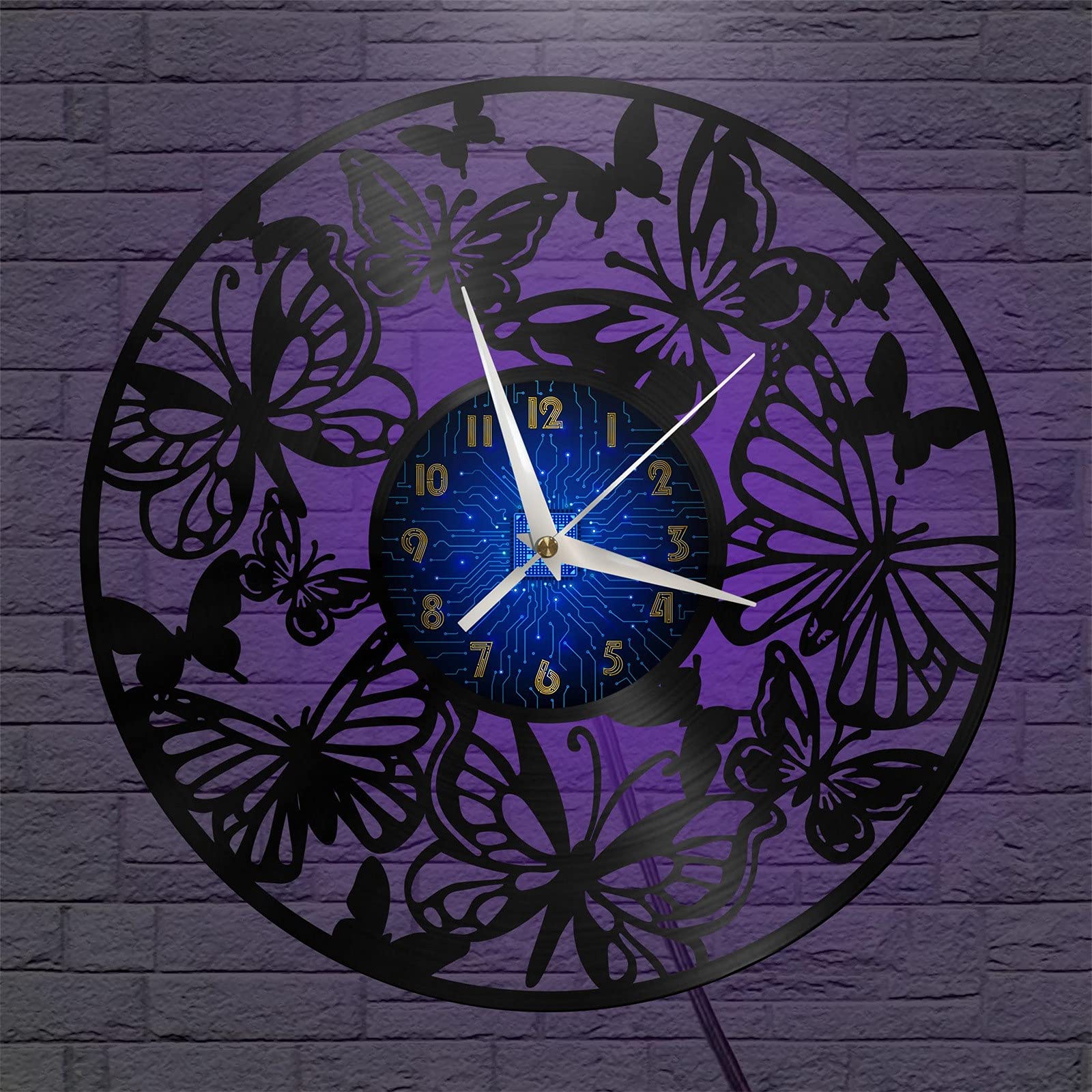 VCS Butterflies theme Vinyl Record vintage Wall Clock for Kitchen(B,with LED)